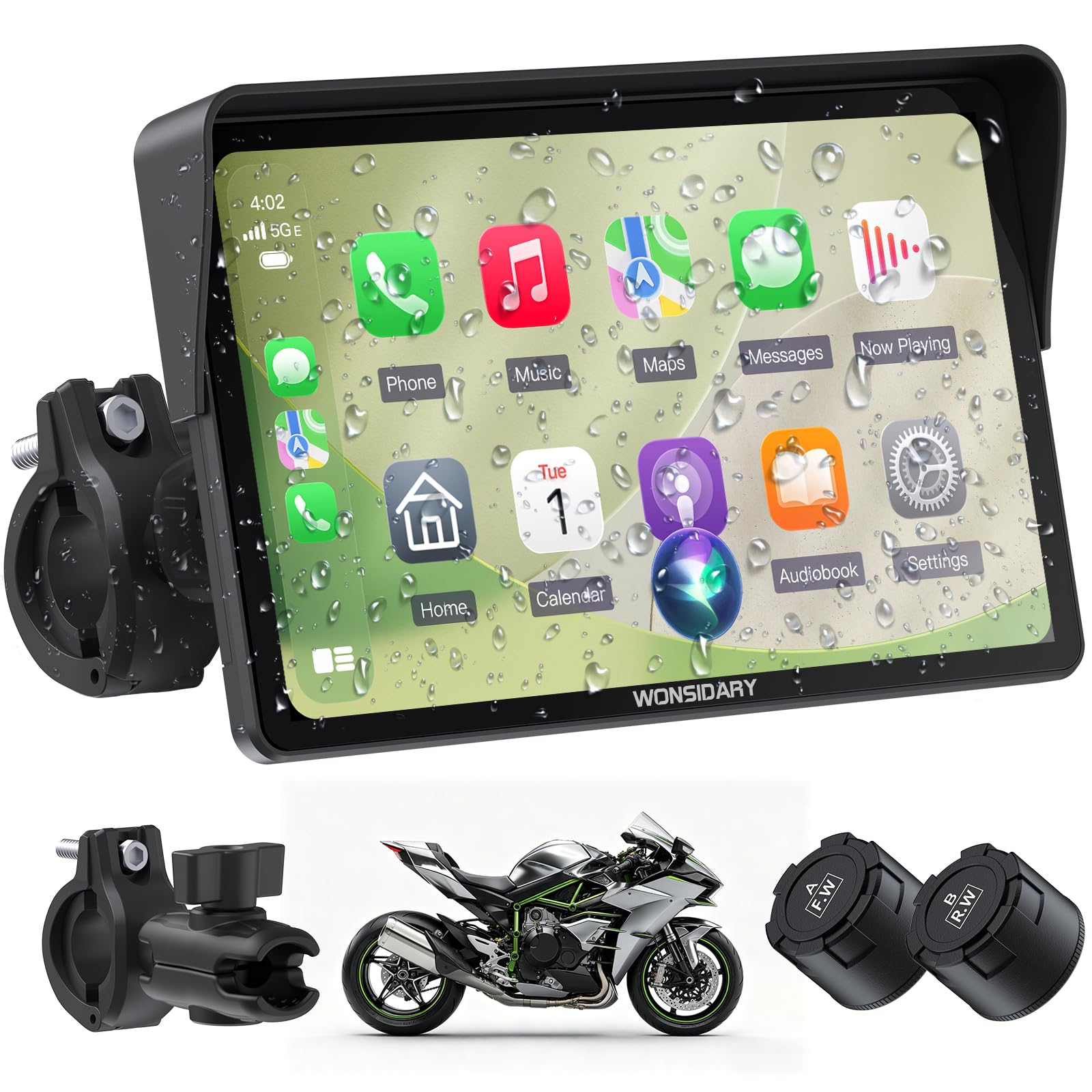 W722TPMS Pantalla CarPlay Moto 7 Pulgadas con CarPlay y Android Auto Inalámbrico,TPMS,GPS Moto IP67 Impermeable,Audio Bluetooth Dual,Control por Voz, EQ,Sensor de Luz,Alimentación USB/Acc