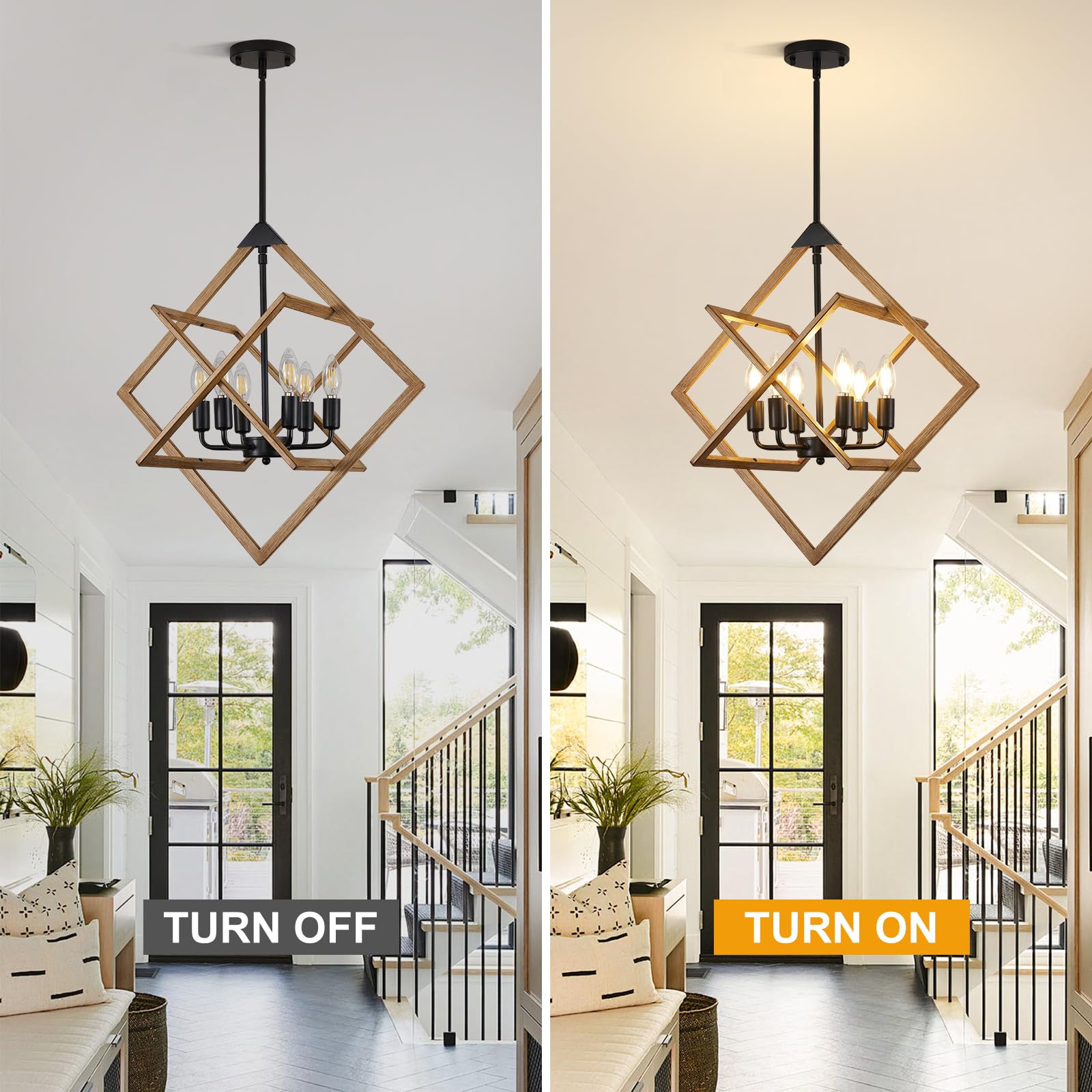 61 cm nowoczesne lampy wiszące, wyspa kuchenna, 6 jasnoczarnych + słojów drewna, wiszące oprawy oświetleniowe, przemysłowe wiszące lampy wiszące do kuchni, wyspy, jadalni, przedpokoju, przedpokoju
