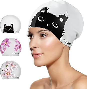 Amazon Sylemtam スイムキャップ レディース シリコン水泳キャップ ロングヘア用 滑り止め 防水 スイムキャップ レディース 大人用 快適な入浴キャップ 水泳帽 カーリーショート 中厚の髪にフィット かわいい猫 Sylemtam スイムキャップ