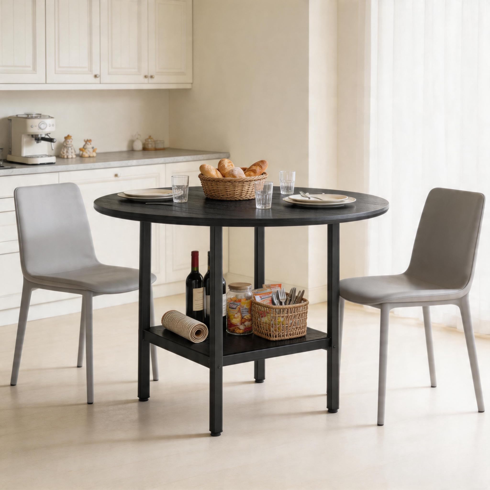 TIZZ Moderno tavolo da pranzo rotondo con ripiano portaoggetti, venature del legno nero e telaio in metallo nero, per 4-6 persone, ideale per cucina, sala da pranzo e piccoli spazi