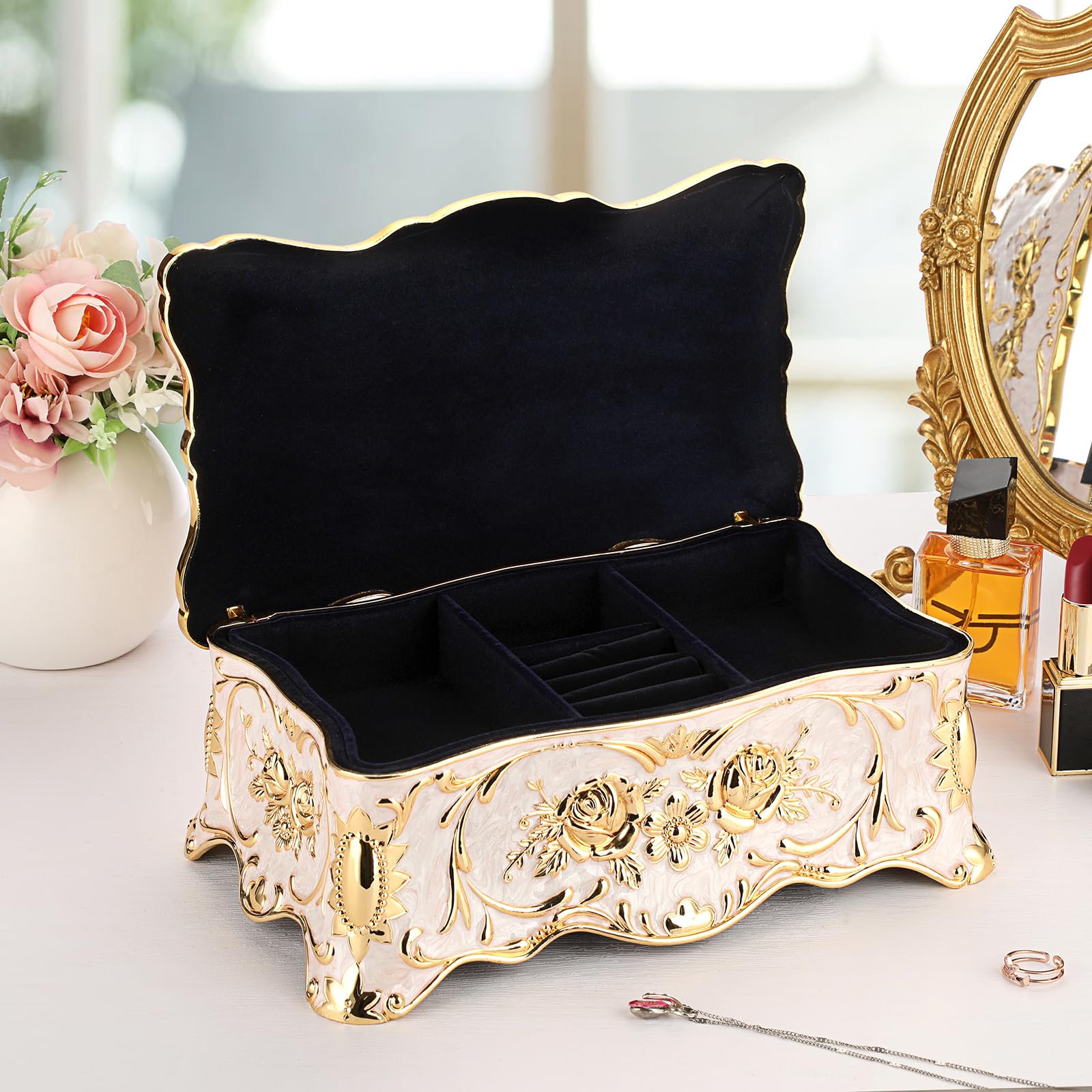 IGNPION Vintage-Schmuck-Aufbewahrungsbox, dekorative Schmuckvitrine für Ringe, Halsketten, Ohrringe-Aufbewahrung, große Metall-Schmucksachen-Organizer-Box (Beige, XXL)