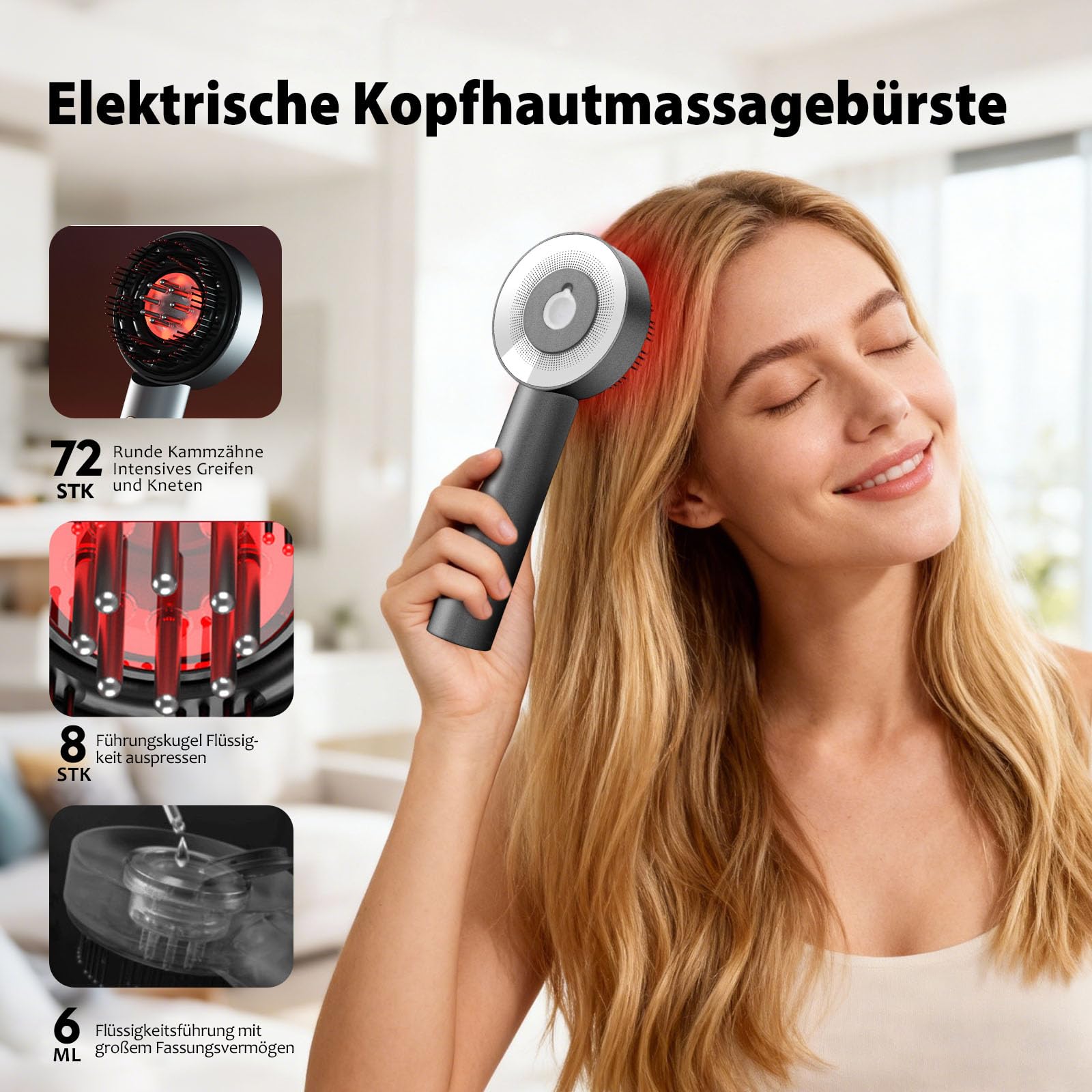 3-in-1 Rotlicht Haarbürste Elektrisch Kopfmassagegerät mit 6ML Haaröl Applikator, Kopfhautmassage mit Rotlicht/Blaulicht/Mischlicht, IPX7 Wasserdicht