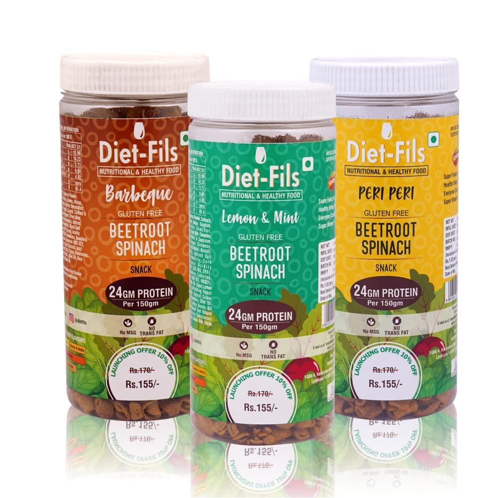 Diet-Fils Beetroot Spinach Snack Enriched with Pea Protein Combo | Lemon & Mint | Peri Peri | Barbecue| Gluten Free | 24G Protein Per Pack | ZERO Transfat | Healthy Roasted Tasty Snacks | Combo 150 gm x 3