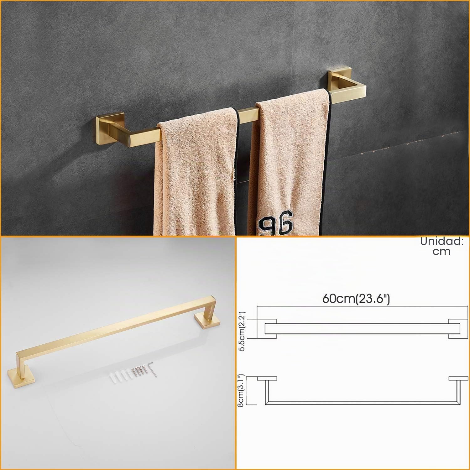 Beelee Conjunto de hardware de baño 5 piezas Dorado cepillado, montado en la pared Accesorio de baño moderno 304 acero inoxidable Barra de toalla Porta papel higiénico Ganchos para batas