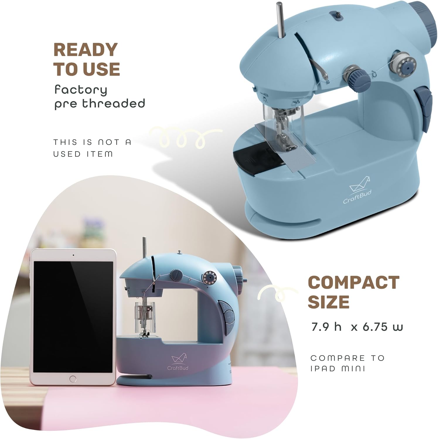 CraftBud Mini Sewing Machine for Beginners, Dual Speed Small Portable Sewing Machine for Kids and Adults with Extension Table, 122 Piece Gift Set Includes, Fabrics, Projects Book, Light and More, Blue - Image 4
