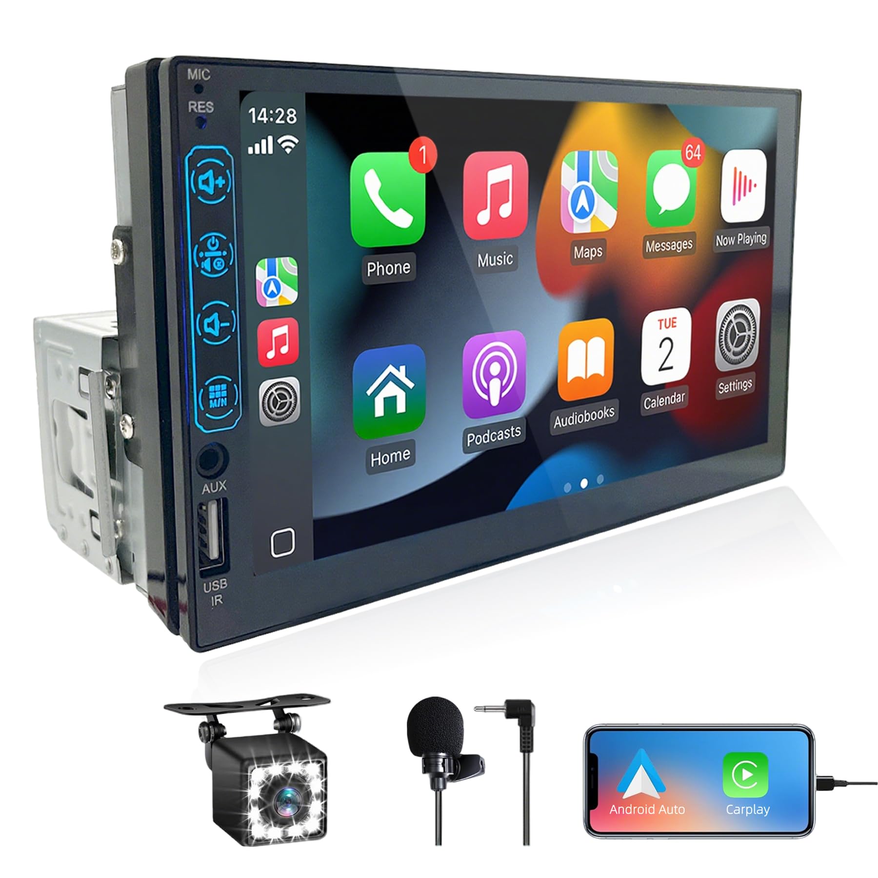Radio Coche Bluetooth con CarPlay y Android Auto - Radio 1 DIN con Pantalla Apoyo MirrorLink para iOS/Android - Pantalla Táctil HD de 7 Pulgadas con Cámara de Reversa