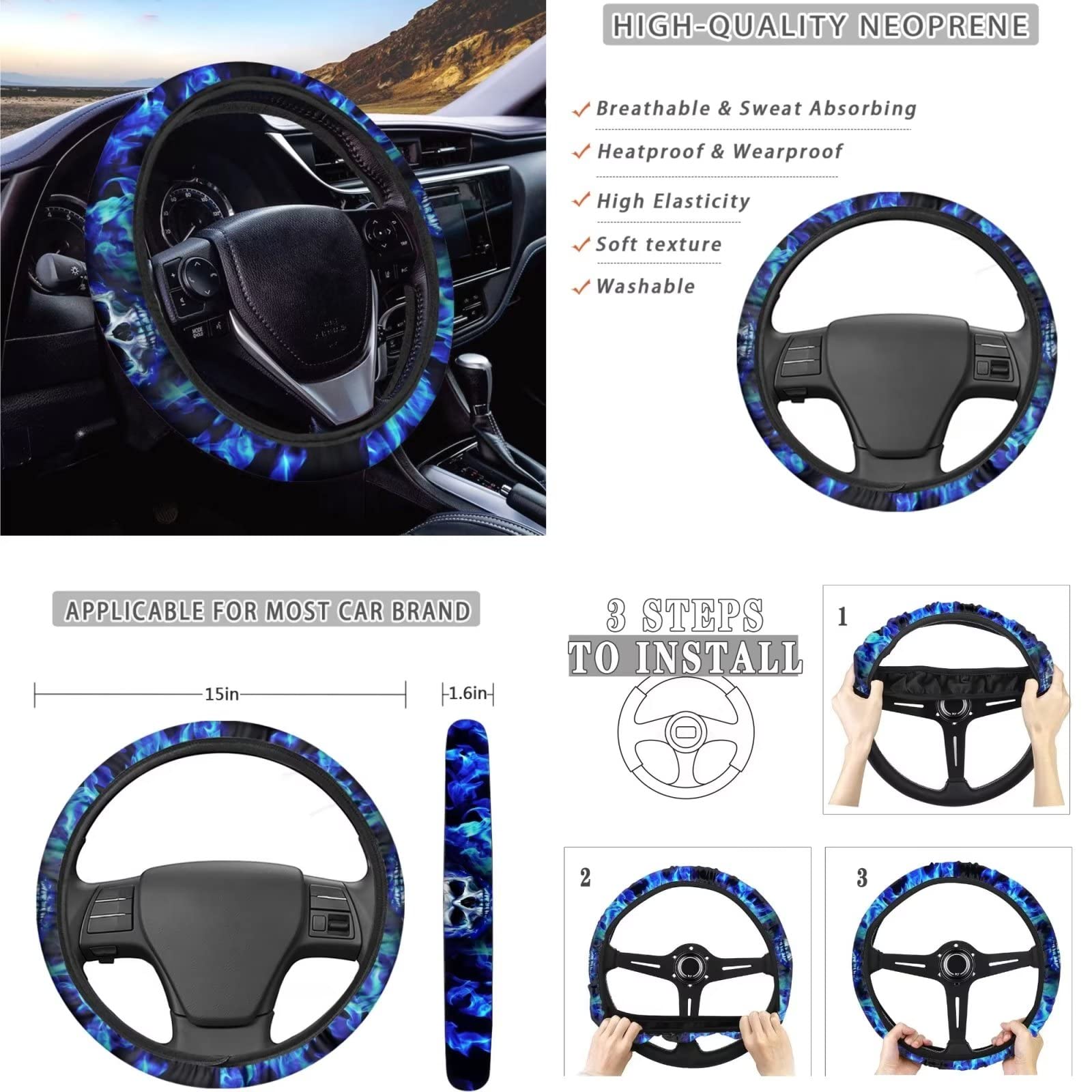 Dolyues Set completo di coprisedili con teschio e fiamma, con imbottitura di sicurezza per cintura di sicurezza/coprivolante/portachiavi/sottobicchiere/copribracciolo per consolle, 10 pezzi