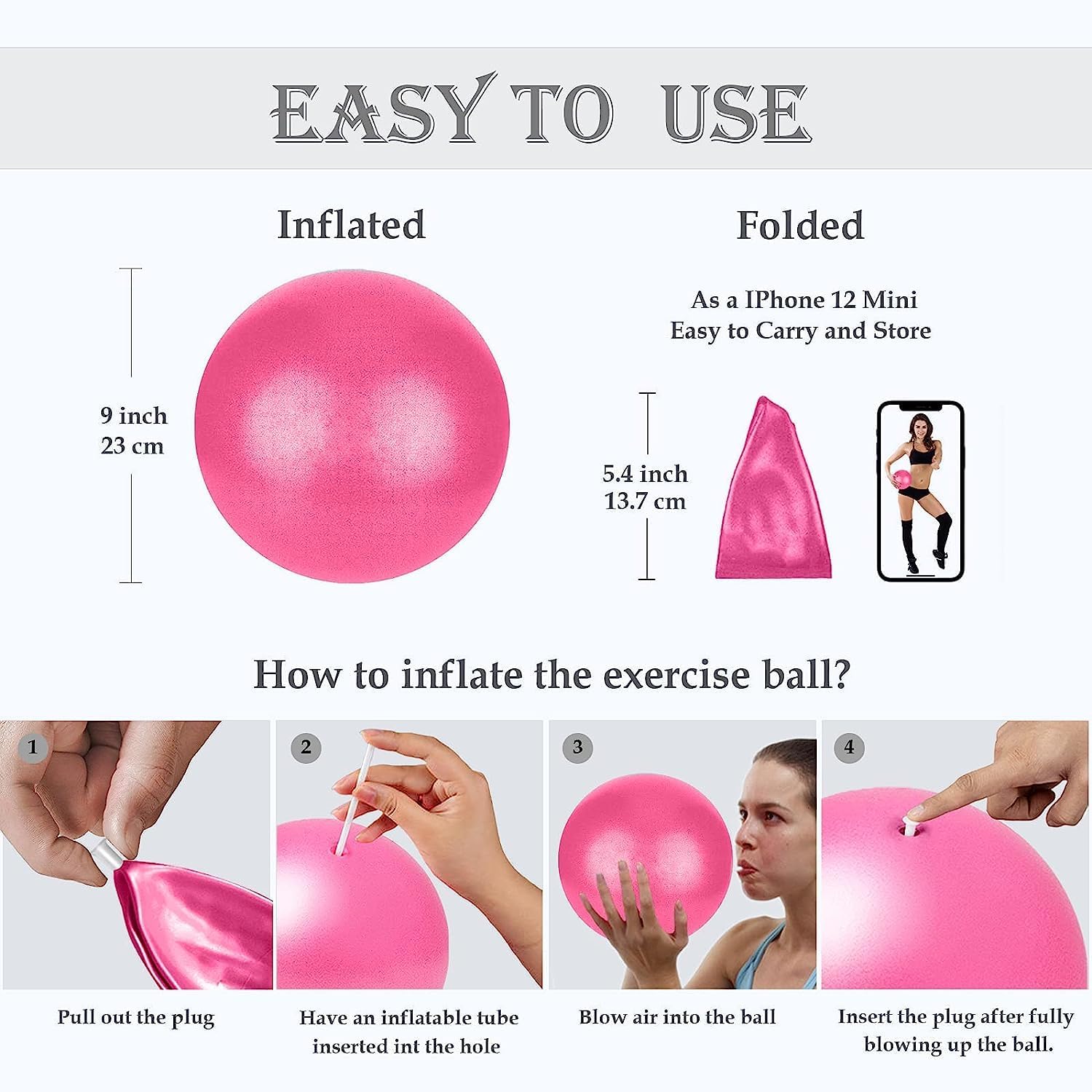 Redvant Mini Exercise Ball 9inch/23cm Small Yoga Ball Soft Pilate Home Training Abdominal Workouts, Anti Burst and Slip, with Inflatable Straw for Therapy, Barre, Core Trainings