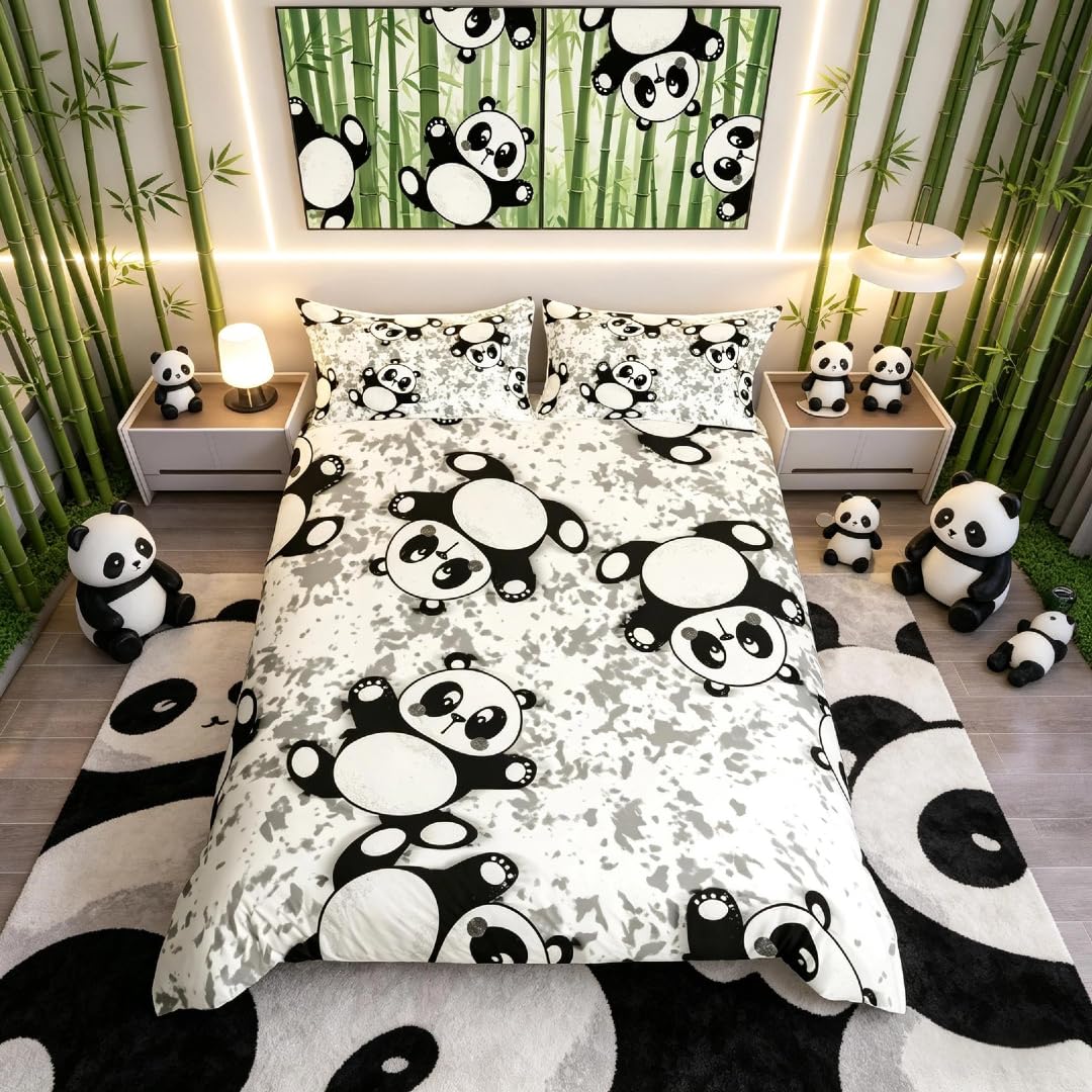 Homemissing Panda Bedding Set Cute Animal Panda Bear Camouflage Grey Duvet Cover Set for Boys Girls Kids Teens Cartoon Giant Panda Bdespread Set Double Size — image 1