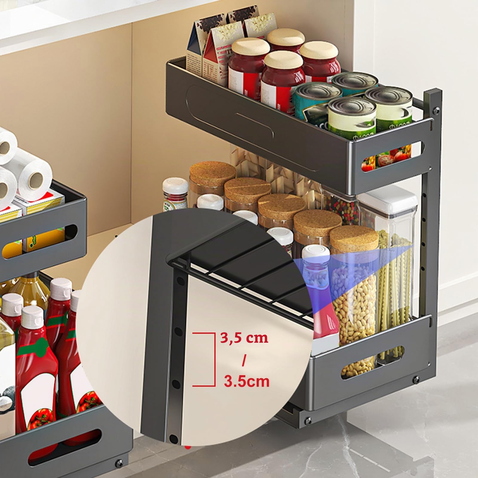 2 Etagen Spülschrank Organizer Ausziehbar aus Metall, Unterschrank Organizer küchenschrank mit 4 Haken, Küchenregal Gewürzregal für Küche & Badezimmer (Schwarz)