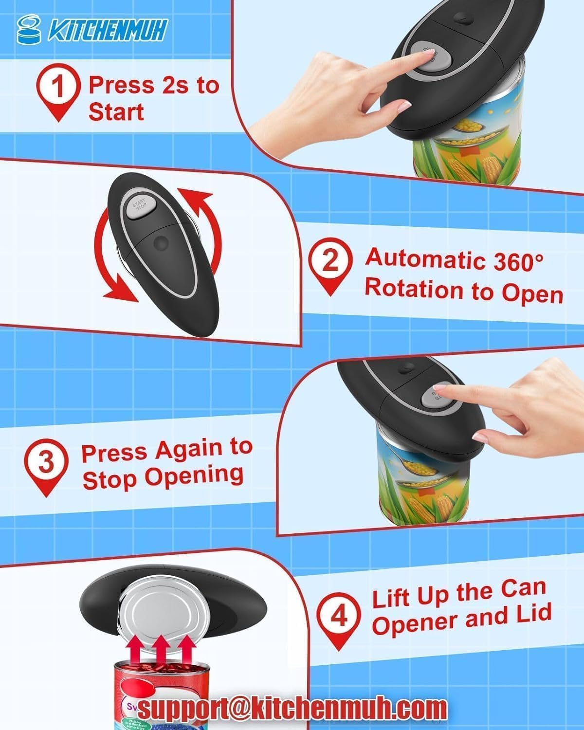 Abrelatas eléctrico One Touch se adapta a casi todos los tamaños de latas para personas mayores con artritis, abrelatas de mano a pilas con borde liso, accesorios de cocina seguros para alimentos, 2