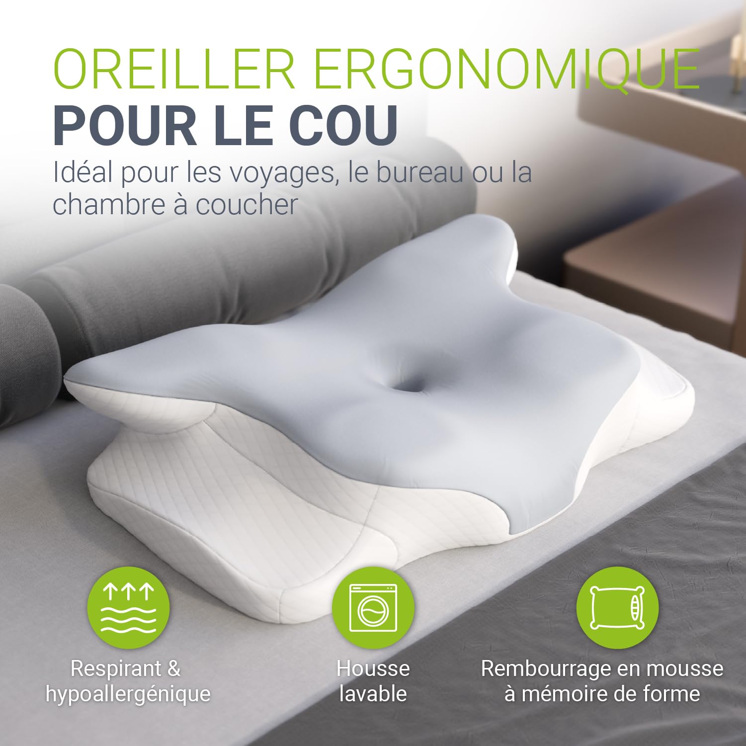 Juskys Coussin Cervical 1 pièce – Oreiller Ergonomique mémoire de Forme, Housse Respirante – Soutien de Nuque pour Un Sommeil sain – Blanc/Gris