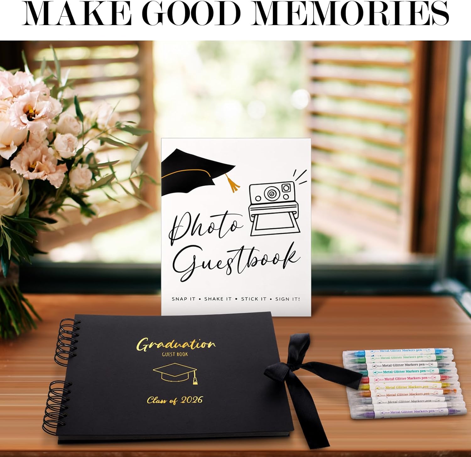 12 Pcs 2026 Graduation Guest Book with Photo Guest Book Sign, 80 Pages Scrapbook Photo Album with DIY Kit Dual Tip Metallic Pens for Party, Exclude Camera(Graduation Cap,Black,10.4 Inches) - Image 7