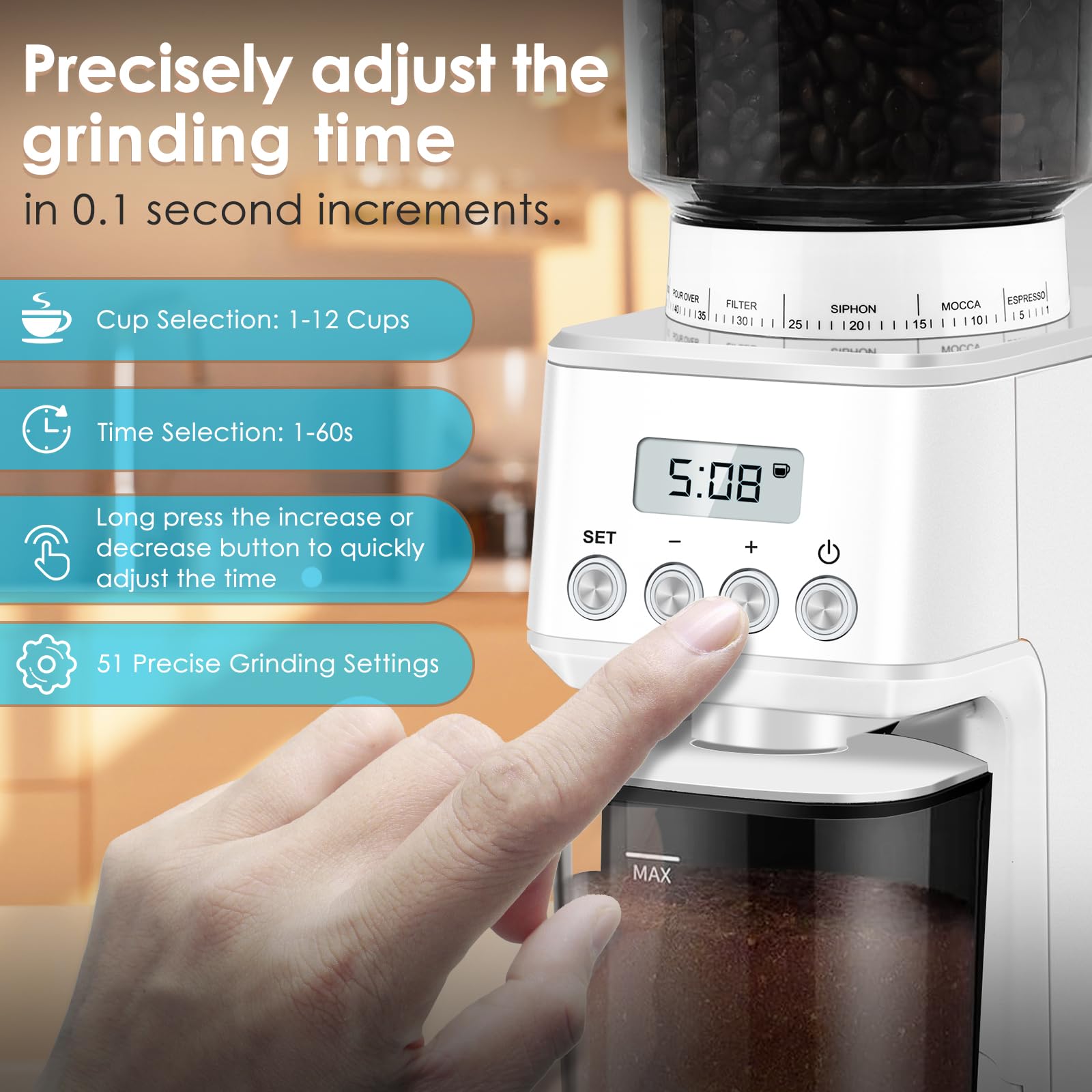 Homtone Broyeur à Café Electrique Conique en Acier Inoxydable, Broyeur de Café à 51 Niveaux Réglables, Broyeur à Café Expresso, Broyeur à Café Automatique Pour Filtre, Noir/Acier Inoxydable