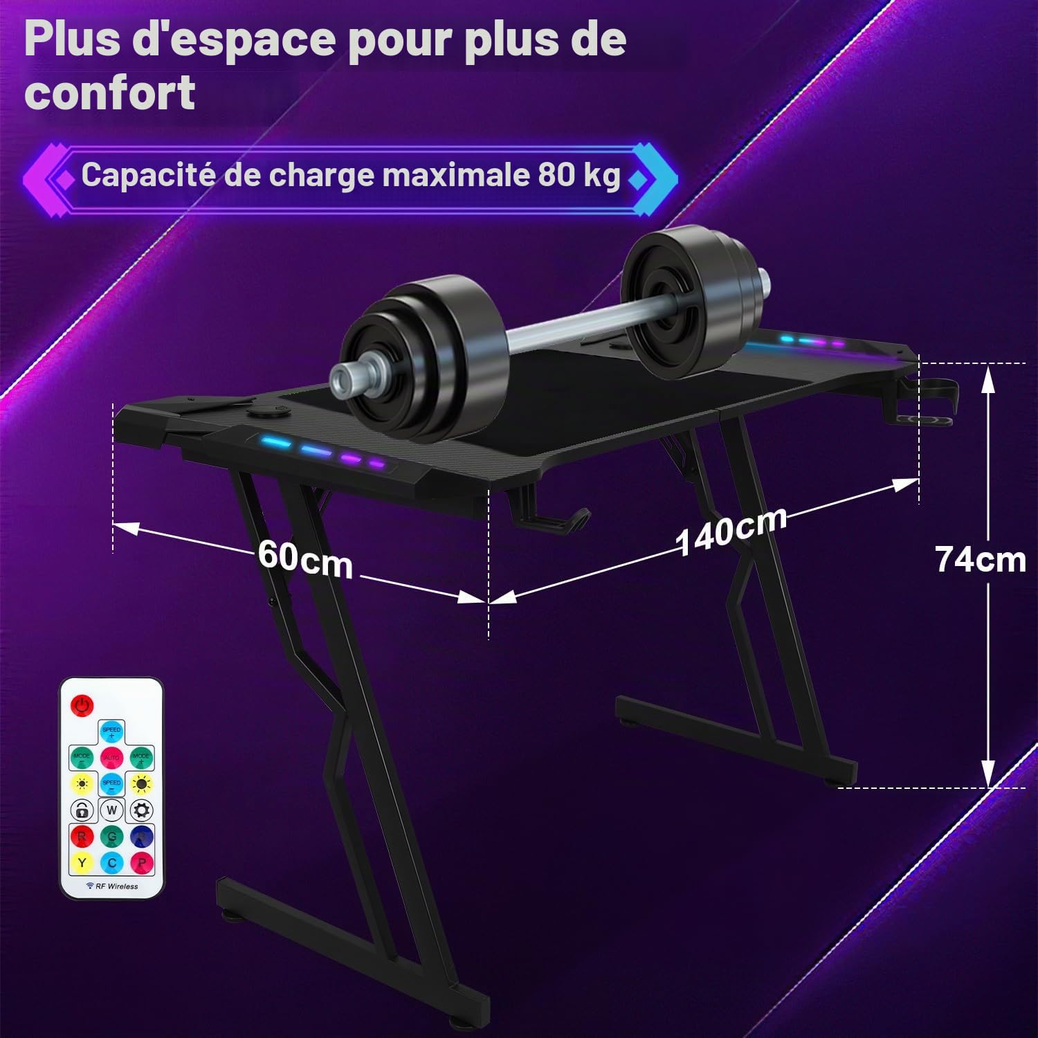 Bureau Gaming LED 140 x 60cm, Grande Bureau Gamer avec Un Plateau en Fibre de Carbone, Bureau Informatique Ergonomique avec Tapis de Souris, Porte-gobelet et Crochet pour Casque, Noir