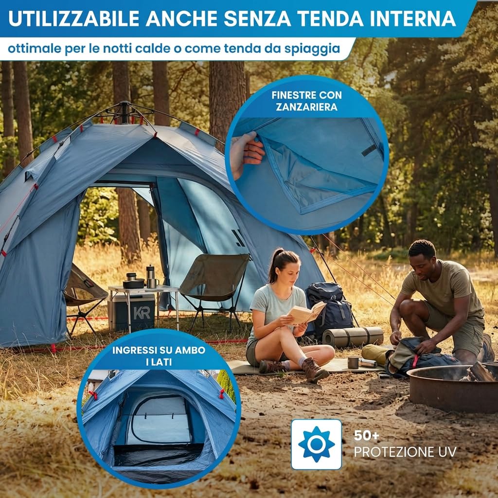 NORDMUT® Tenda Pop-Up 2-4 Persone – Montaggio Istantaneo, Impermeabile & Protezione UV – Tenda da Campeggio con Ottima Circolazione dell’Aria