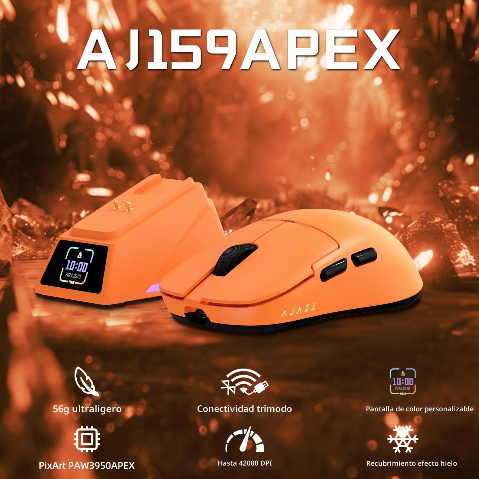 ATTACK SHARK Ajazz AJ159APEX PAW3950 Ratón Gaming, 42K dpi, 8K Hz Wireless Polling, Base de Carga Magnética RGB con Pantalla a Color, 56g Ultraligero Mouse, Cableado/2,4G/BT, PC/PS/Mac, Naranja