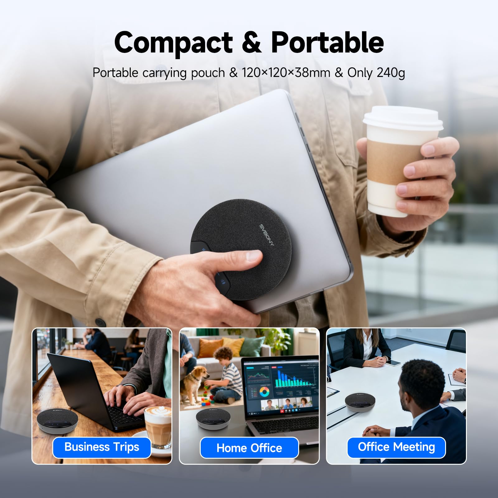 SVBONY SVN O1 Conference Microphone a Doppio Canale con Cancellazione del Rumore 3A+AI, 4 Microfoni per La Ripresa Vocale a 360°, 3 Connettori Plug-&-Play per Sala Conferenze di Medie Dimensioni
