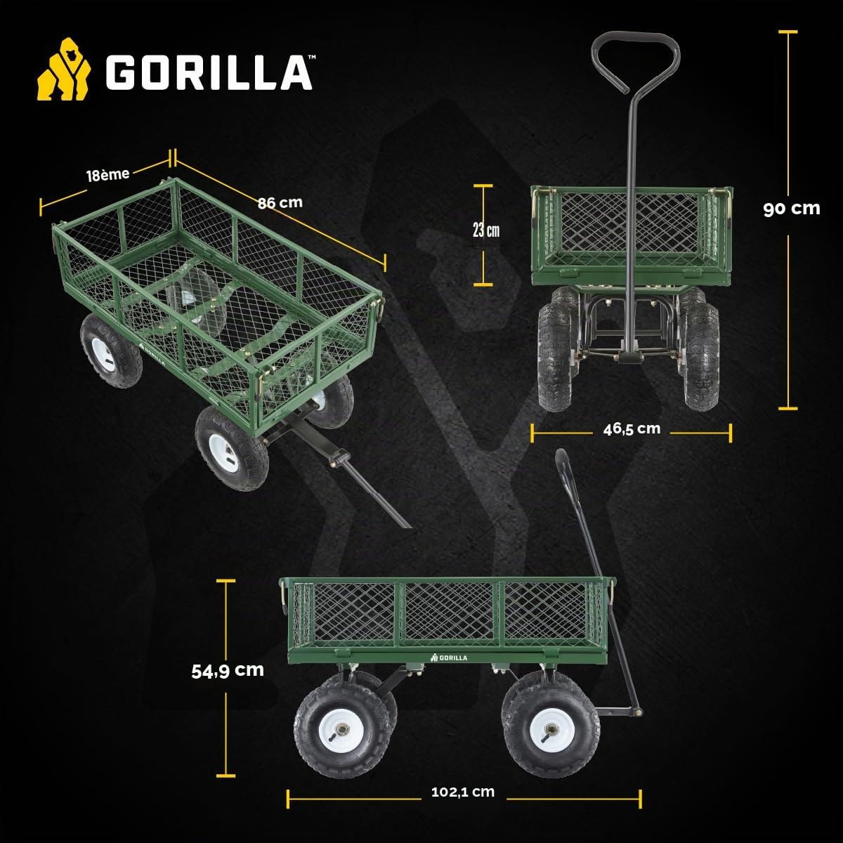 Gorilla Chariots Chariot de Jardin en Acier avec Panneaux latéraux Amovibles avec Une capacité de 181,4 Kilogram, Vert