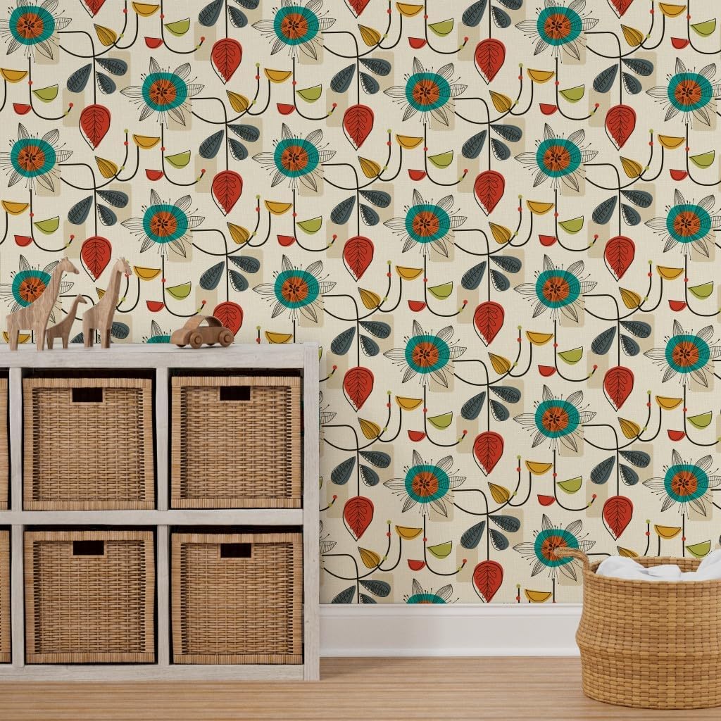 Spoonflower Peel & Stick Wallpaper 3ft x 2ft - 1950 Mid Century Modern, Retro, Vintage, Classy, Floral,Cream, Blue, Red, Block, Geometric, Custom Removable Wallpaper