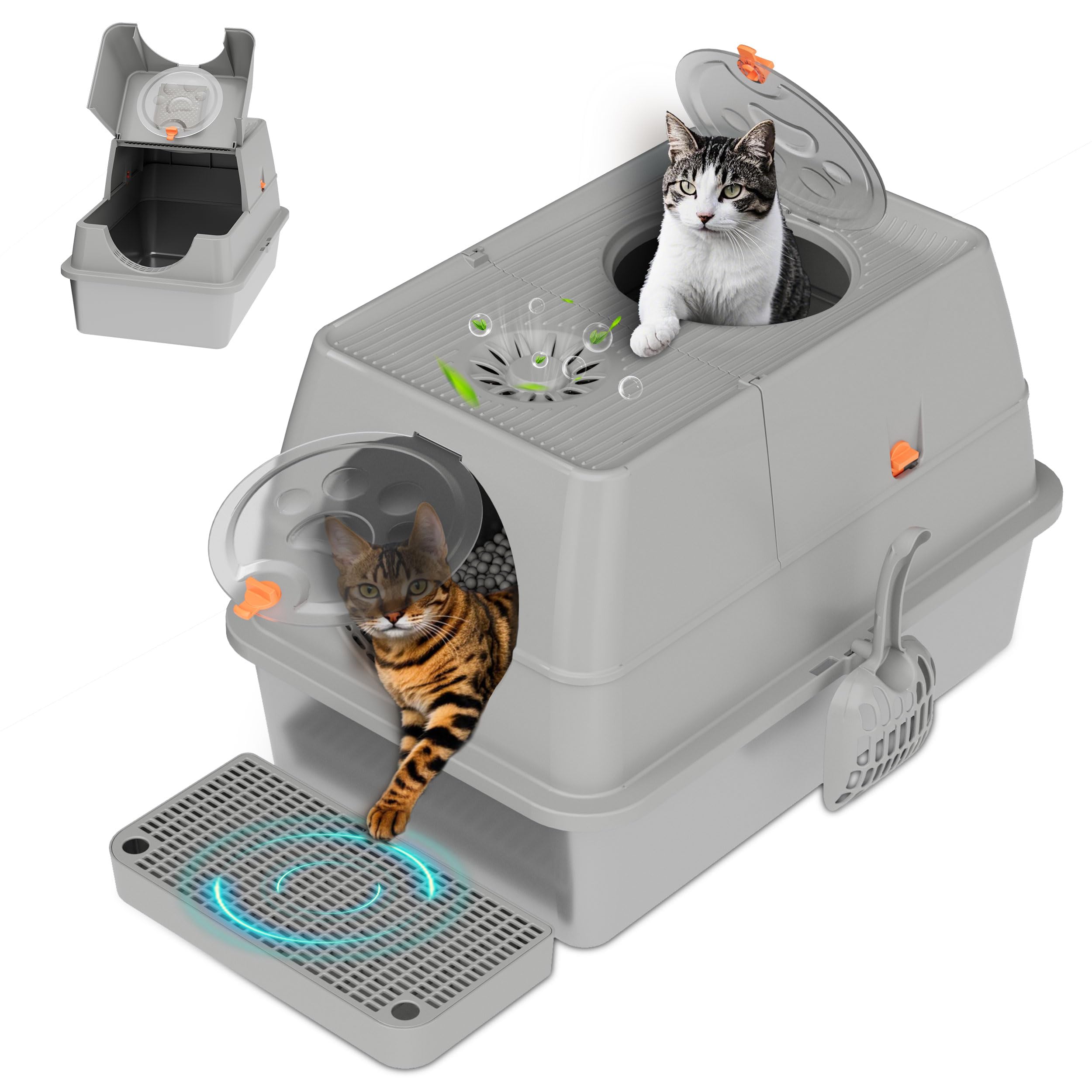 Stainless Steel Litter Box with Lid, XL Extra Large Cat Litter Box Enclosure, Front & Top Entry Covered Metal Cat Box with Steps & Scoop, Easy Cleaning