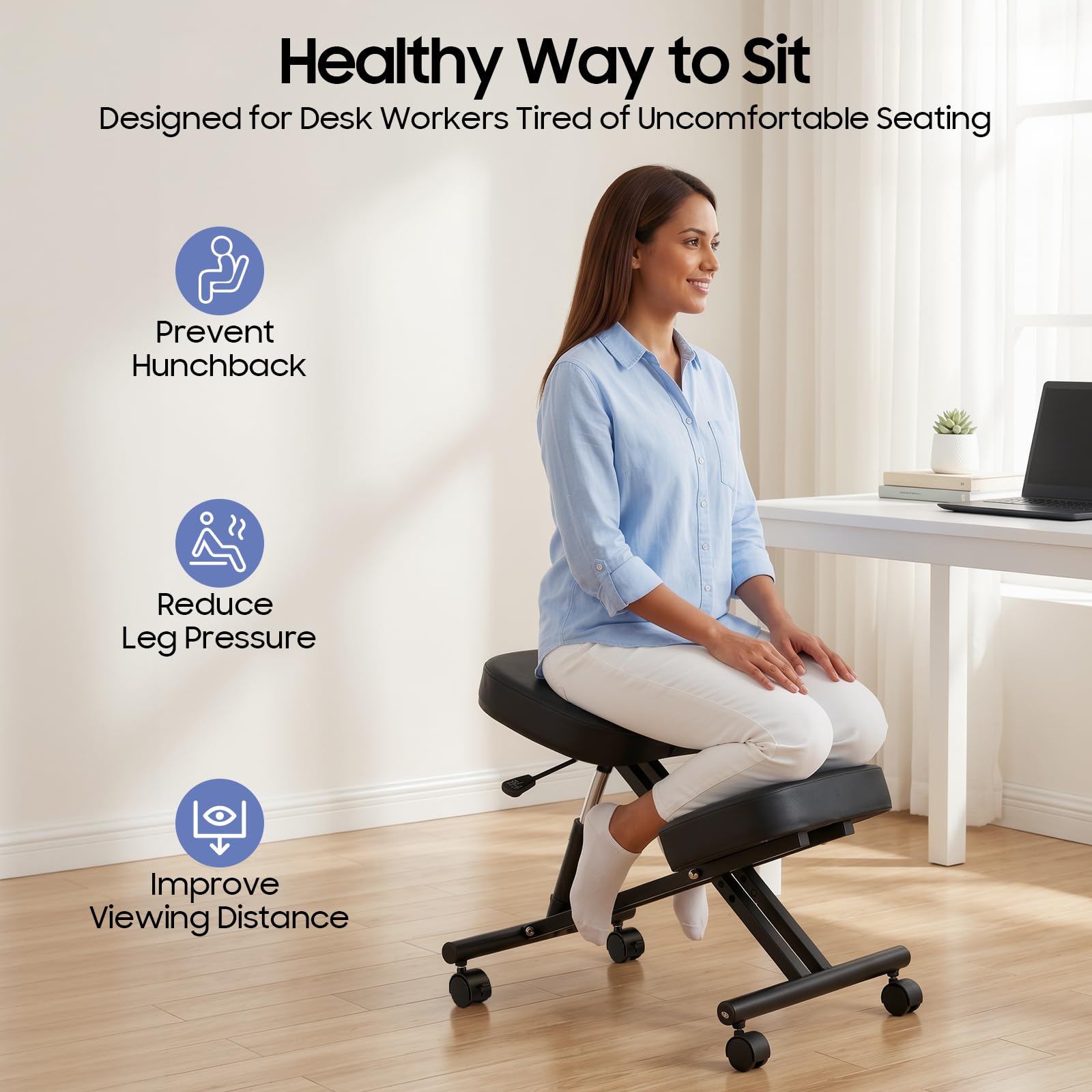 Silla ergonómica con ruedas para oficina y oficina en casa, taburete para rodilla, capacidad de carga de 100 kg, taburete con ruedas de altura ajustable, silla ortopédica para mejorar la postura