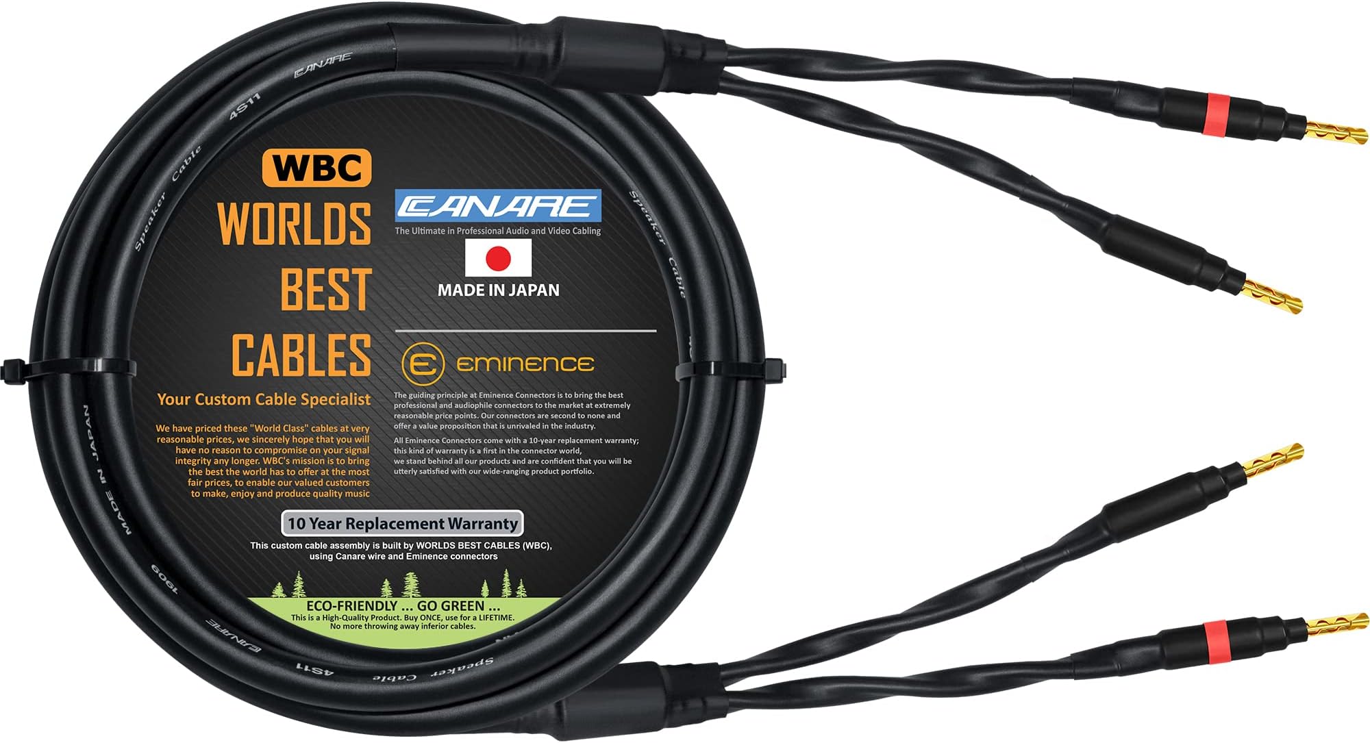 WORLDS BEST CABLES 3 Foot - Canare 4S11 – Audiophile Grade - HiFi Star-Quad Single Speaker Cable for Center Channel with Eminence Gold Banana Connectors