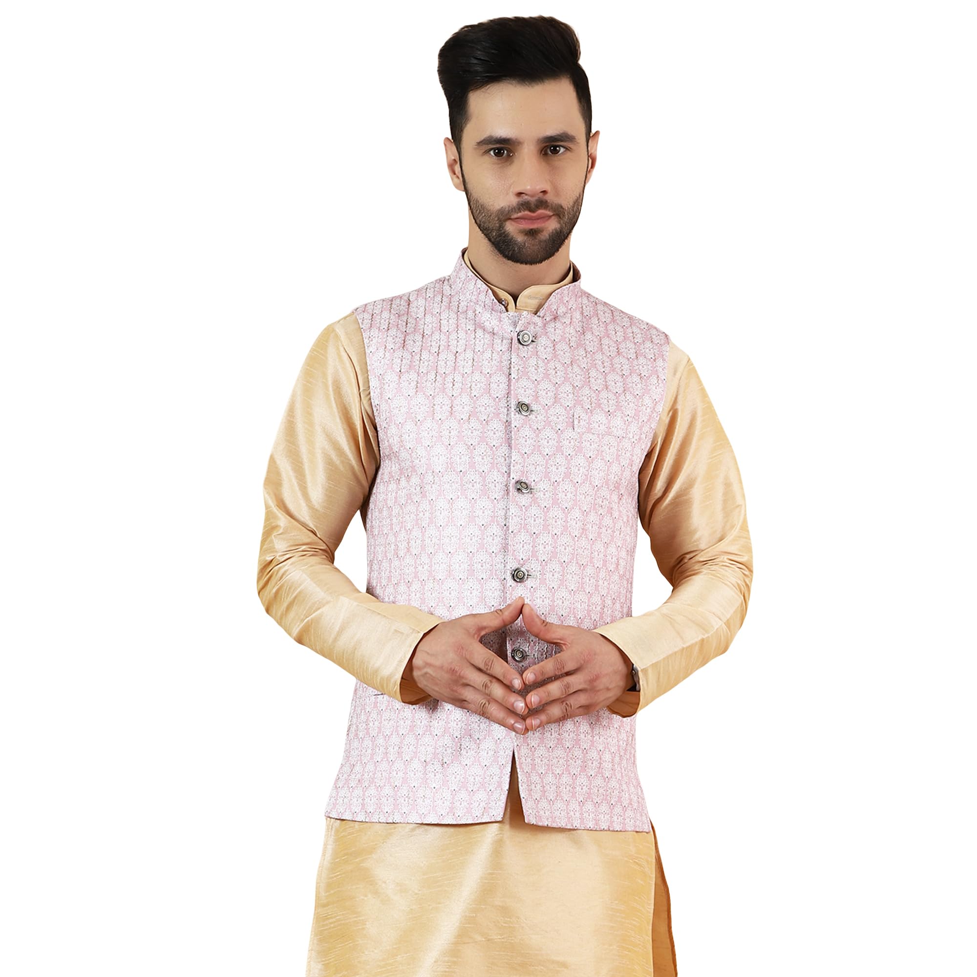 wintage Men's Digital Print Cotton Silk Pink Modi Nehru Jacket-picture-36