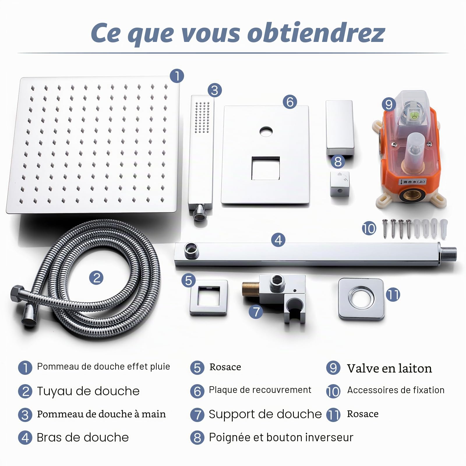Namuoto Système de Douche Encastré, Colonne de Douche avec Mitigeur Encastrable, Ensemble de Douche avec Carrée Douche de Tête, Douchette, Corps en Laiton, Chromé