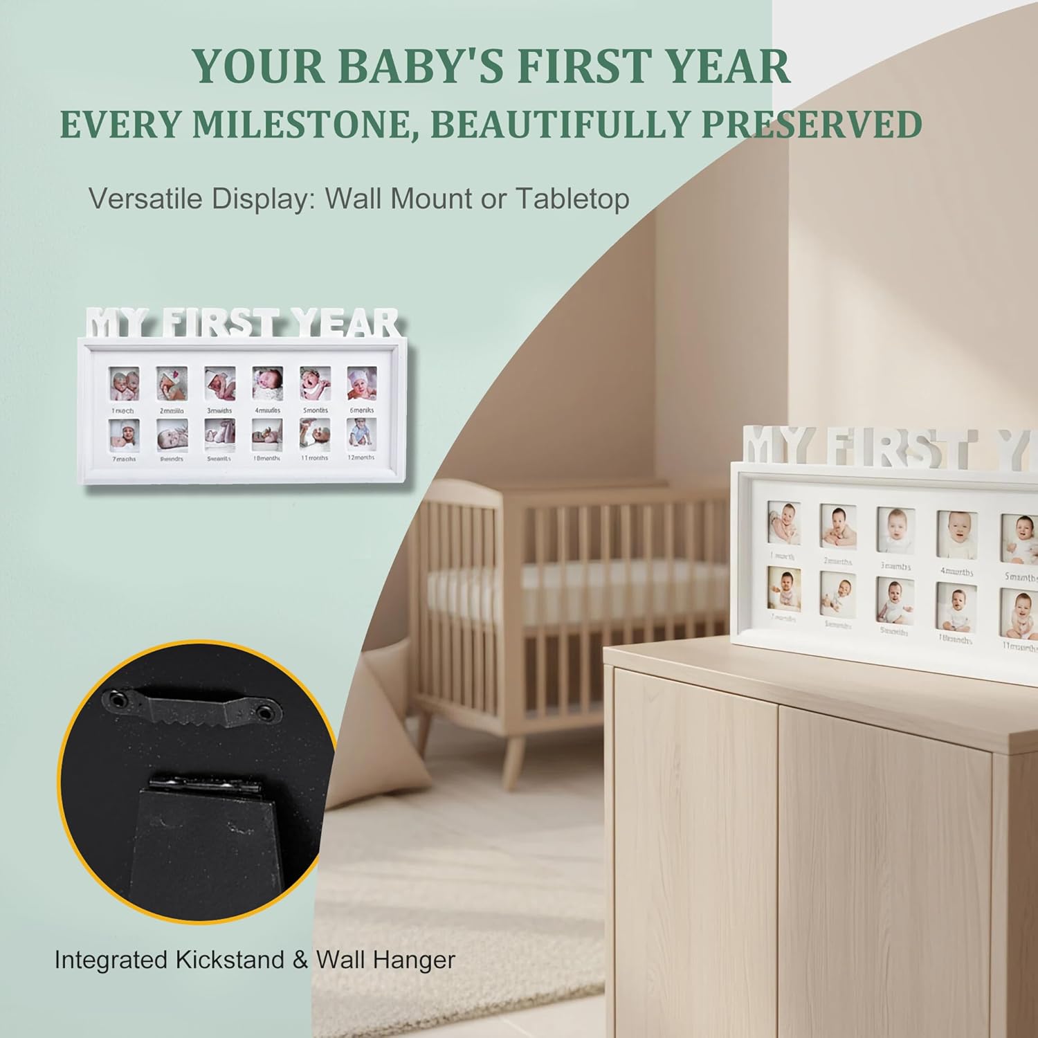 MICKYU My First Year Baby Picture Frame - 12 Month Milestone Collage Keepsake for Newborn to One Year, Gender Neutral Nursery Wall Decor & New Mom Gift