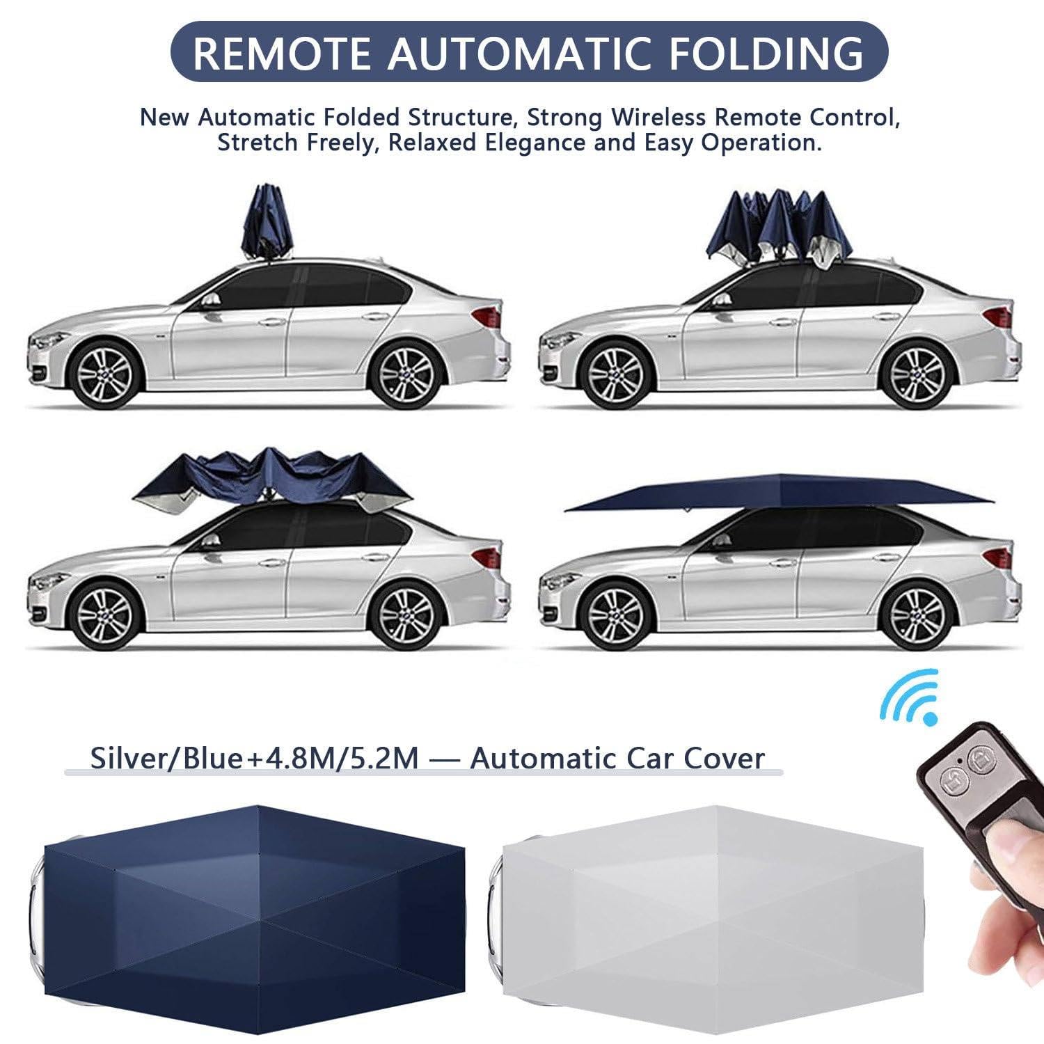 Pare-Soleil de Voiture Automatique avec télécommande, Tente Parapluie entièrement Automatique de 4,8 m/5,2 m, Tissu Oxford 300D et Batterie 3000 mAh, Pare-Soleil Pliable Facile Blue-4.8m