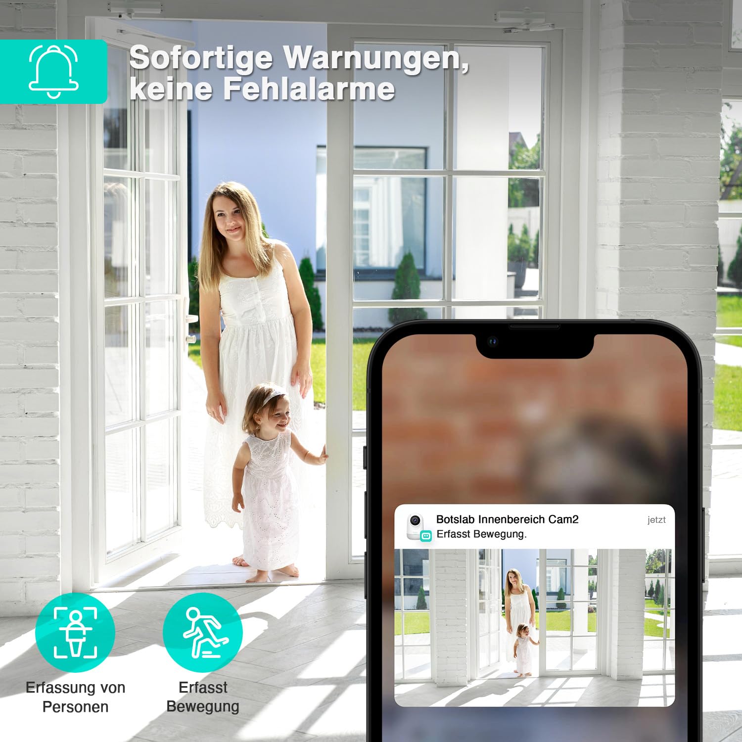BOTSLAB Kamera monitorująca 2K do wnętrz, elektroniczna niania z kamerą, 360°, Wi-Fi, monitorowanie z wykrywaniem ruchu i wykrywaniem hałasu, 2-drożne audio, widoczność w nocy, kompatybilna z Alexa,