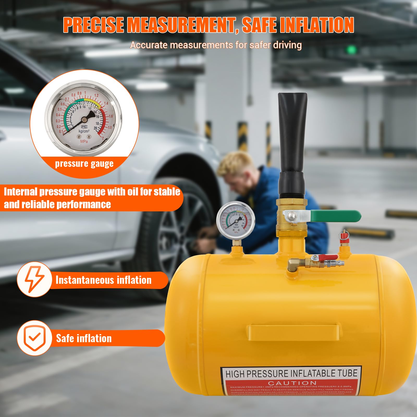 Reifenfüller Reifen Booster, 20L Reifen Schockfüller Airbooster, Reifen Befüllhilfe mit Stahl Luftkanone, maximal 8 Bar, passend für Auto, PKW und LKW