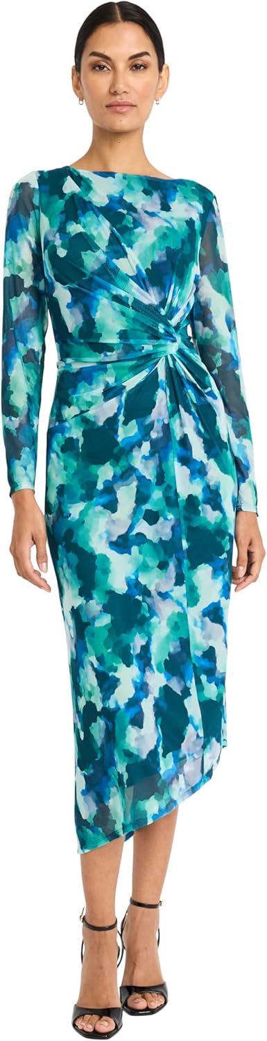 Maggy London Womens Modern Side Ruched Boat Neck Asymmetrical Hem - Long Sleeve Special Occasion Midi Dress