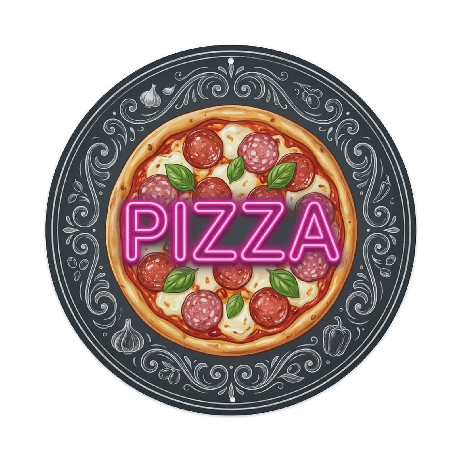 Salami Cheese Food Illustration Pepperoni Pizza Metal Tin Sign