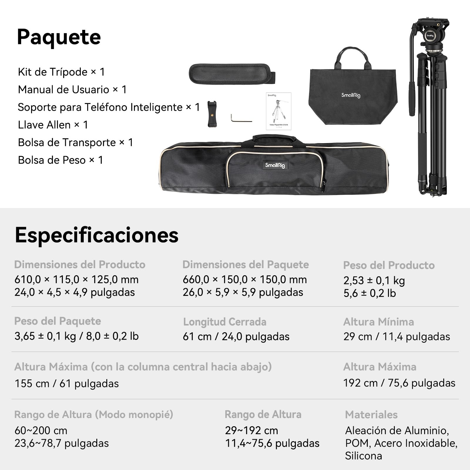SMALLRIG Trípode para videocámara de 75 pulgadas, monopod con base de nivelación +/-15°, cabezal fluido, trípode profesional para cámara de vídeo DSLR, CT210-4475