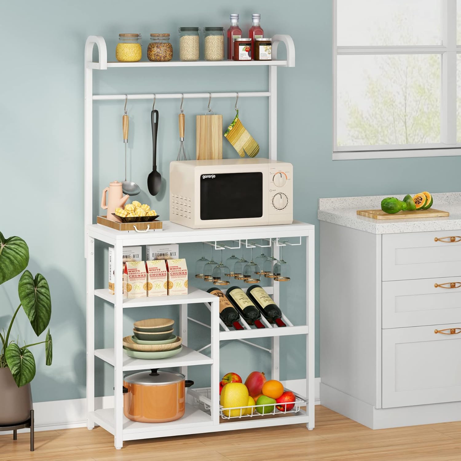 TIYASE Kitchen Baker’s Rack with Hutch and Wire Basket, 5