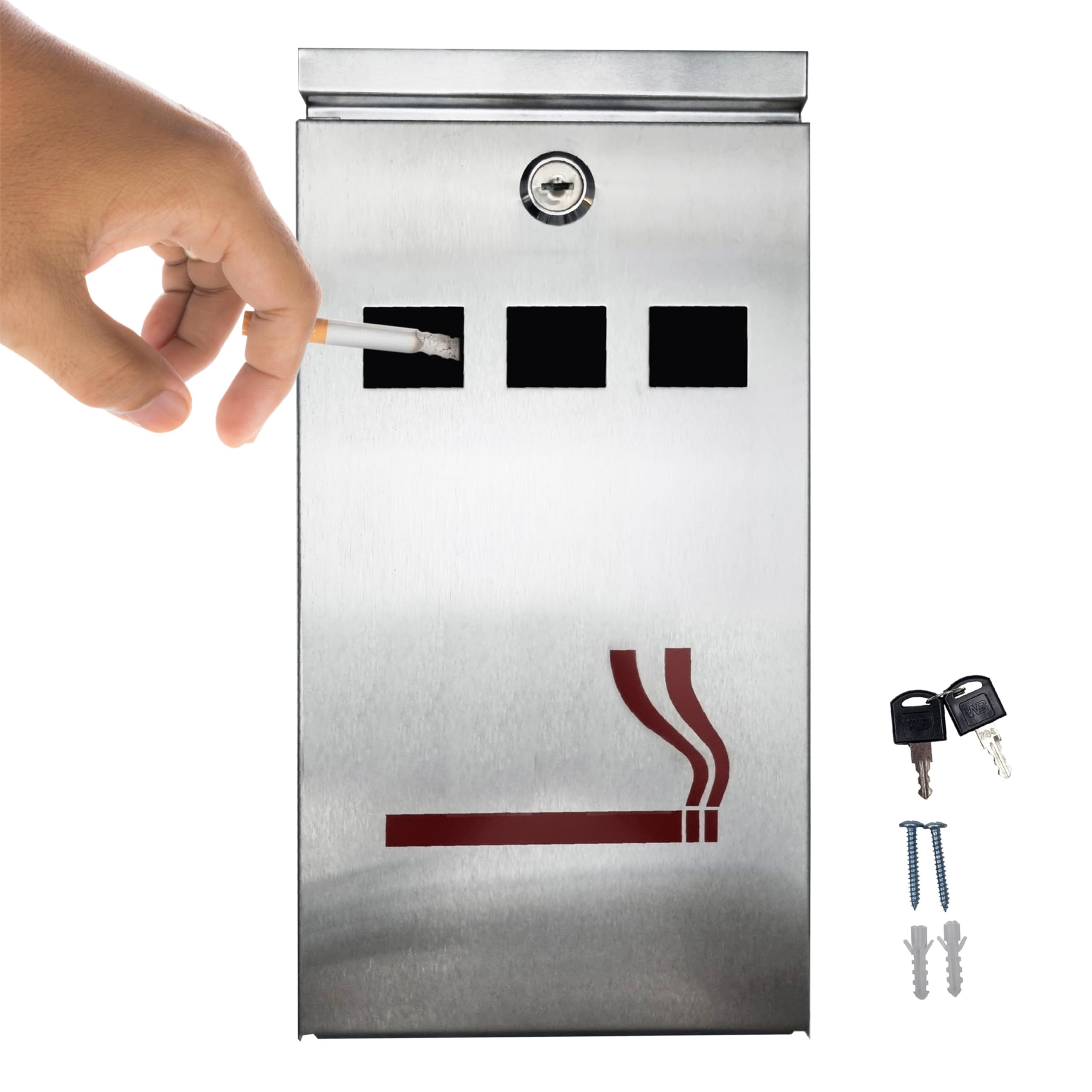 FURNISHED Outdoor Ashtray - Wall Mounted Cigarette Bin Heavy Duty Stainless Steel Weatherproof Lockable Smoke Ash Tray for Pub Office Restaurant Bar, Silver