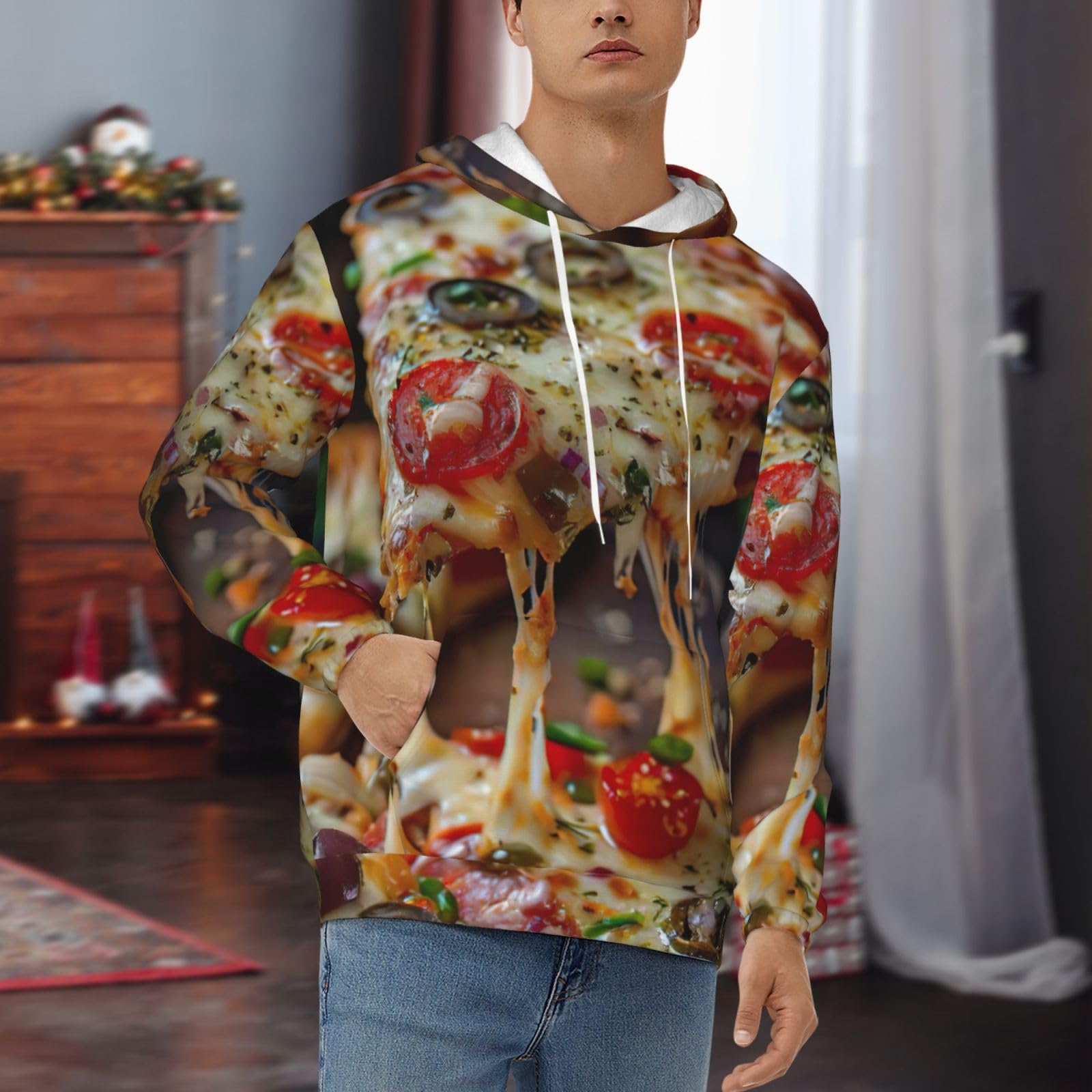 Męska bluza z kapturem z nadrukiem smacznej pizzy, casualowa grafika z nadrukiem bluzy z kapturem z kieszenią