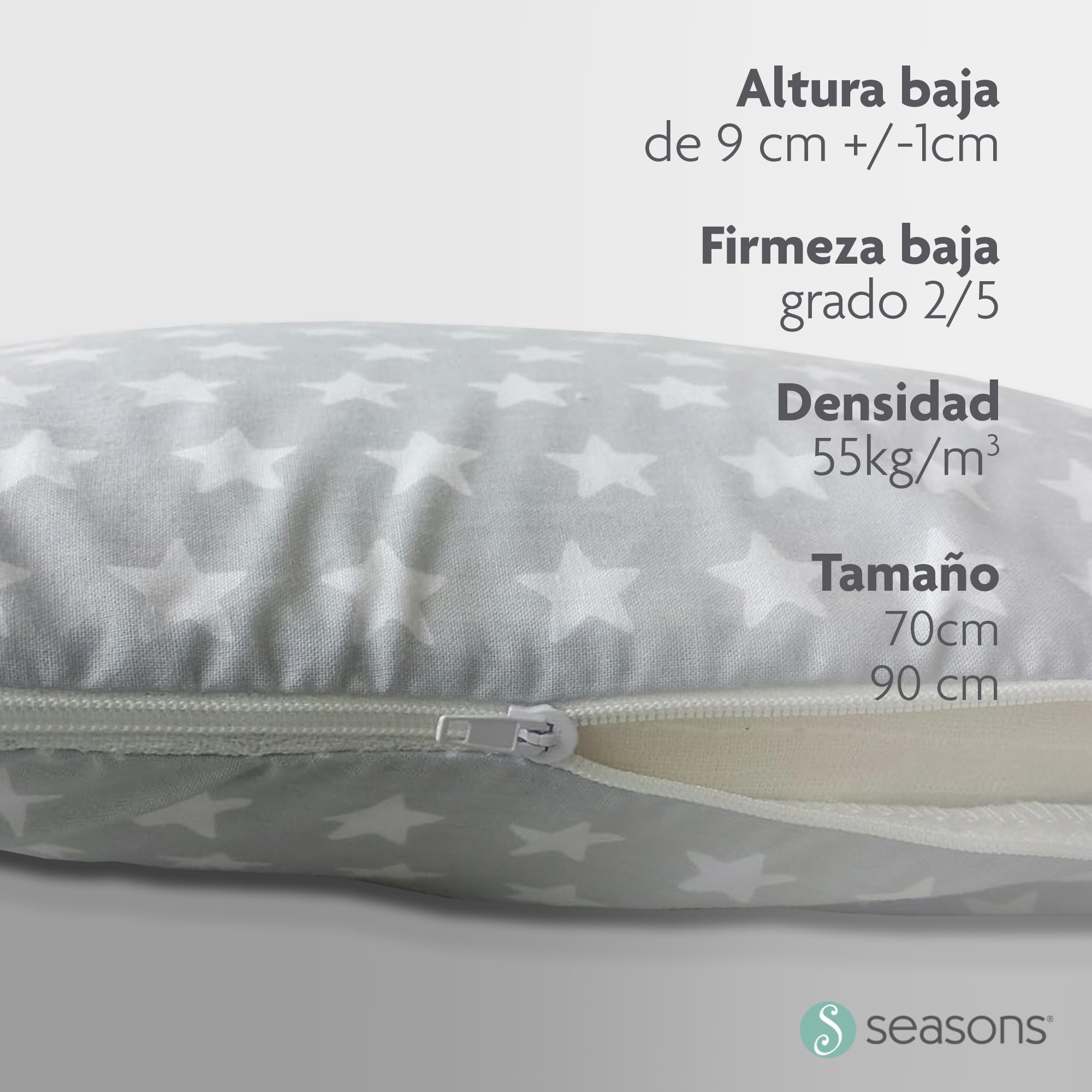 SEASONS - Almohada Viscoelástica 90 cm para Niños, Doble Funda con Cremallera, Almohada Baja de 9 cm, Transpirable, Tejido Exterior con Estrellas, Fabricado en España