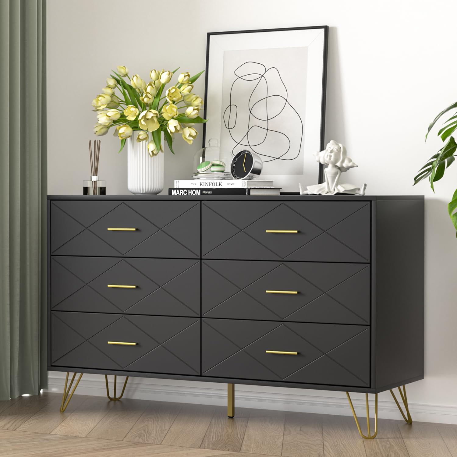 Black Dresser for Bedroom, Modern Bedroom Dresser with 6 Deep Drawers, Wide Chest of Drawers with Gold Handles for Living Room