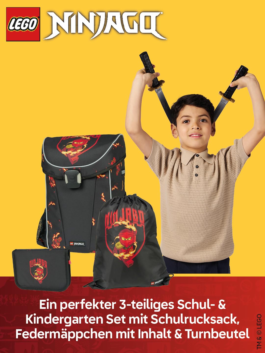 LEGO® NINJAGO® Schulranzen Jungen 1. Klasse Kai – 3-teiliges Easy Light Schulranzen Set mit Rucksack, Federmäppchen Junge & Turnbeutel – leicht & reflektierend