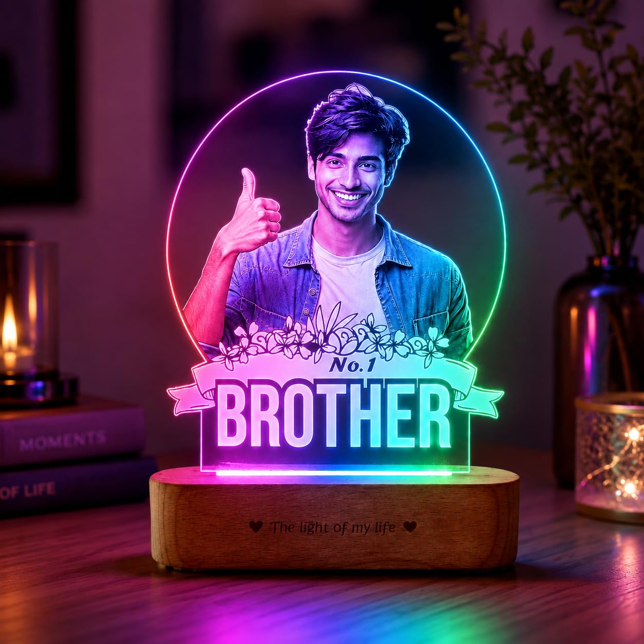 ZOCI VOCI Rakhi Gift for Brother, Personalized Engraved LED Photo Lamp with Custom Photo, RGB Smooth Color Changing Night Lamp, Acrylic Wooden Base Gift for Brother, Rakshabandhan Gift