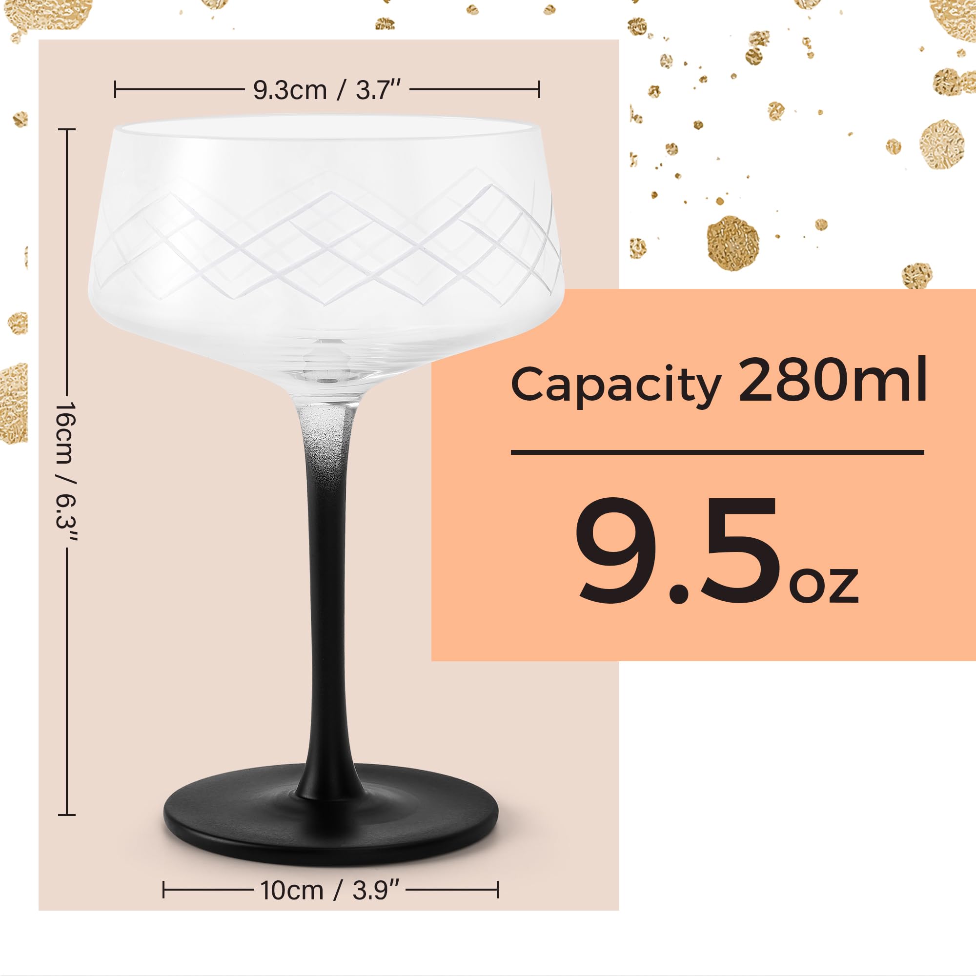 MIAMIO – 280 ml Verres Coupes Kit de 4 avec cuillère de bar, Verres à cocktail en cristal soufflé à la main avec pied noir, Verres à cocktail uniques, Verres Coupe à Champagne - Collection Crystaluna