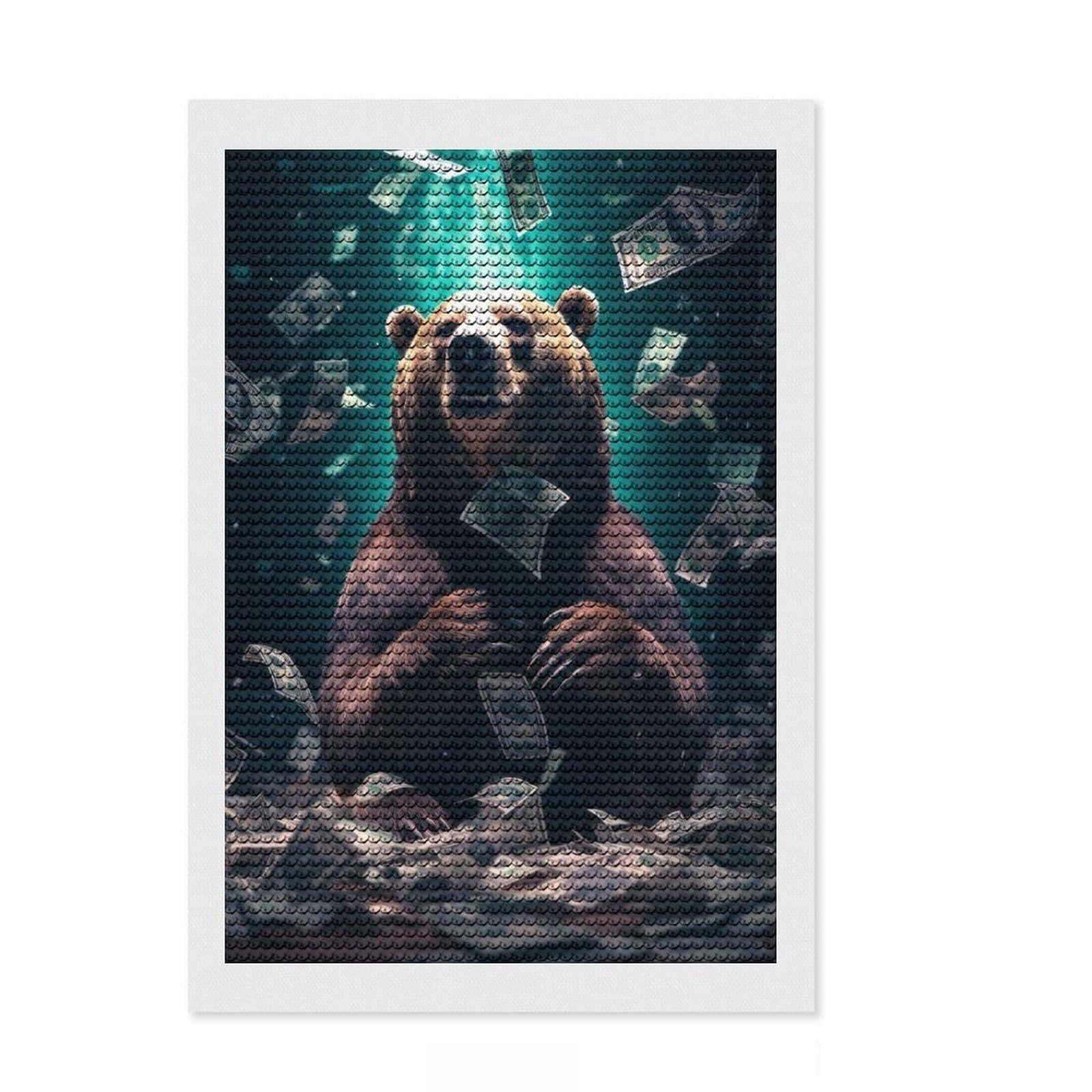 Junmoney Money Bear Dollar Bills Diamond Style Art Kit 8"x12", Bedroom Decor, Festive Craft Gift, Farmhouse Decor, Holiday Gift Idea
