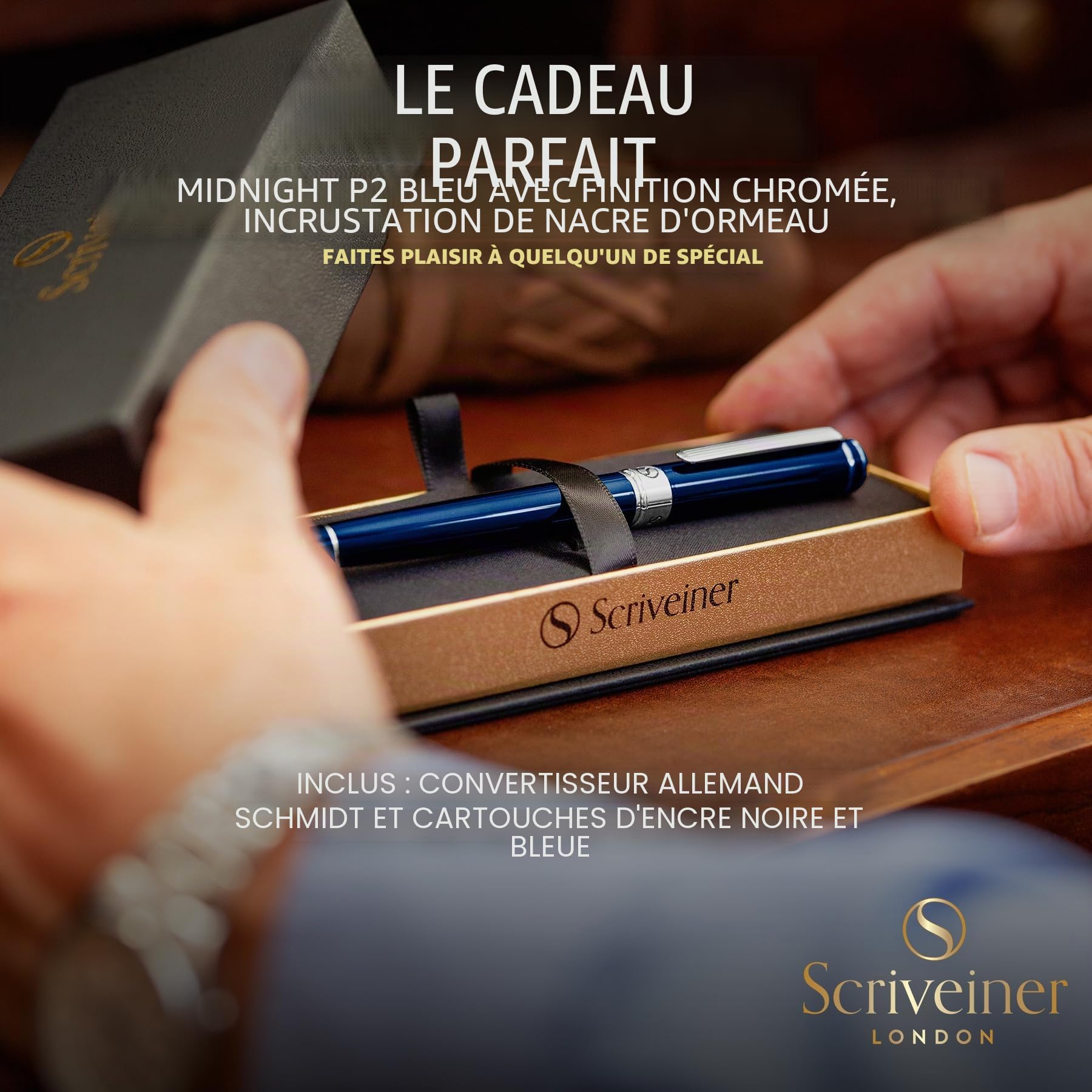 Scriveiner Stylo Plume Midnight Blue – Superbe Stylo avec Finition chromée, Plume Schmidt (Moyenne), Coffret Idéal pour Homme et Femme, Professionnel, Directeur, Bureau, Beau Stylo