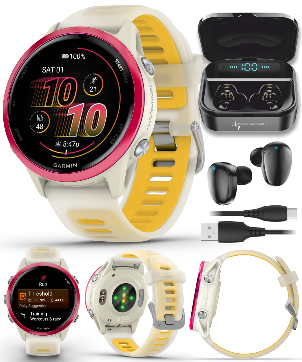 Garmin Forerunner 570 42mm Advanced GPS Running & Triathlon Smartwatch AMOLED Display Training & Recovery Features, Raspberry Aluminum w/Translucent