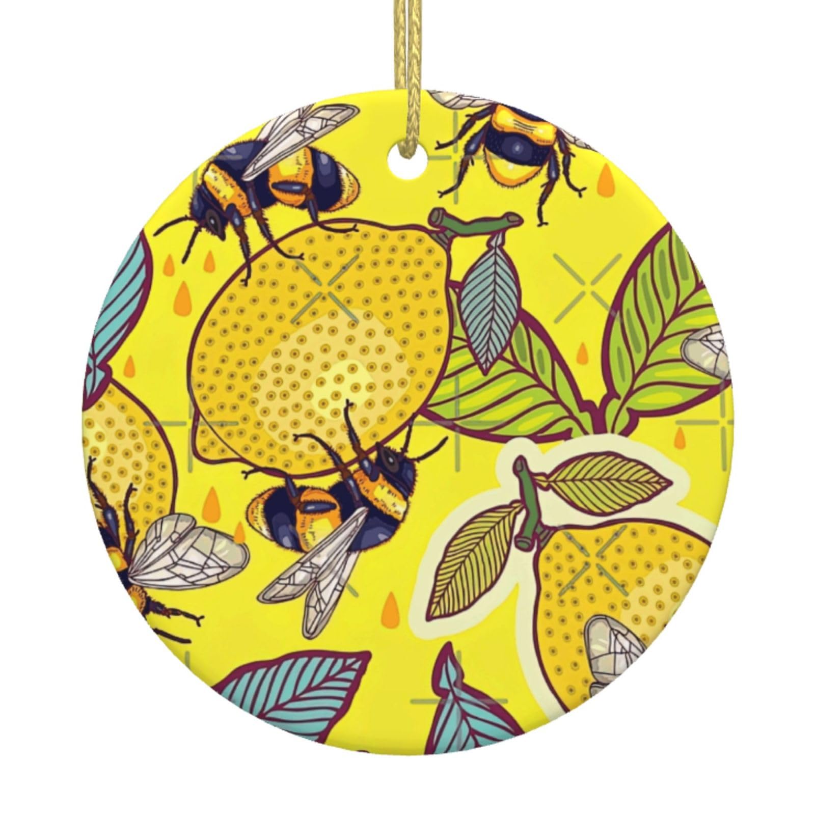 Yellow Lemon And Bee Print Christmas Ornaments, Ceramic Hanging Ornament, Round Shape Decorations