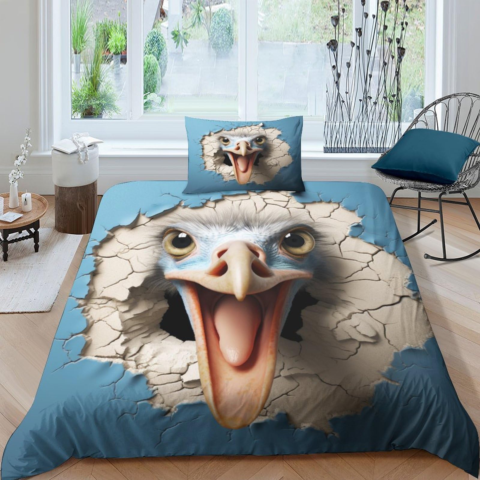 Housse de couette autruche 3D en microfibre 135x200 cm avec ses deux taies d'oreiller