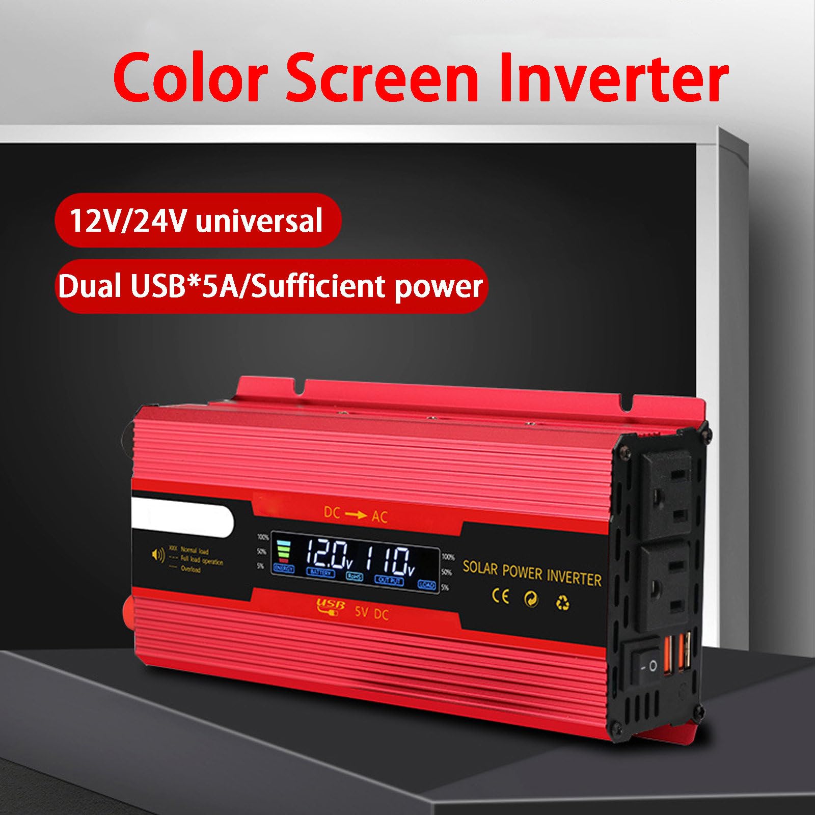 Inverter di Potenza a Onda Sinusoidale Modificata da 12 V/24V a 110V/220V Inverter per Auto con Display LCD, 2 Porte USB, per Camper, Camion, Campeggio, ecc.,Red-3000W